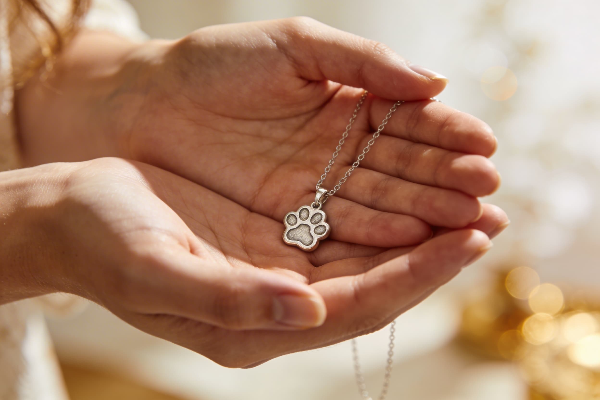 A woman's hands gently holding a small silver paw print cremation pendant necklace on a delicate chain