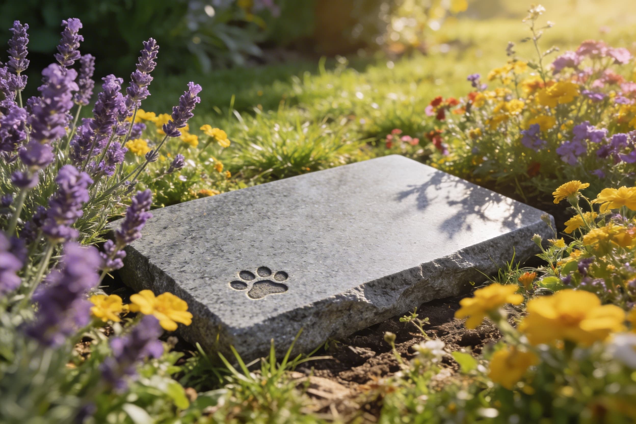 A personalized pet memorial stone engraved with a paw print and name nestled among colorful garden flowers and green grass