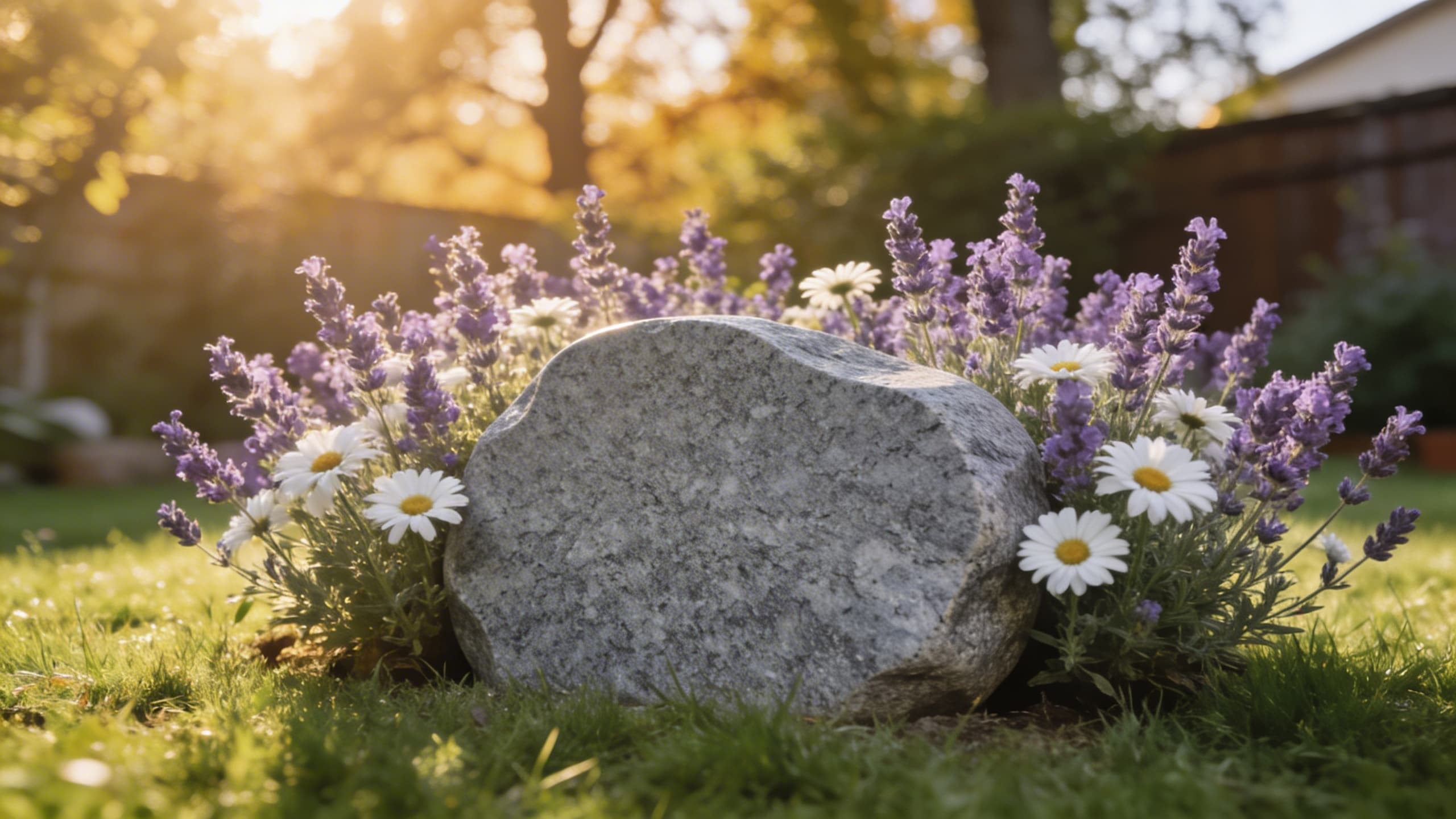 An engraved pet memorial stone nestled among blooming flowers in a sunlit garden at golden hour