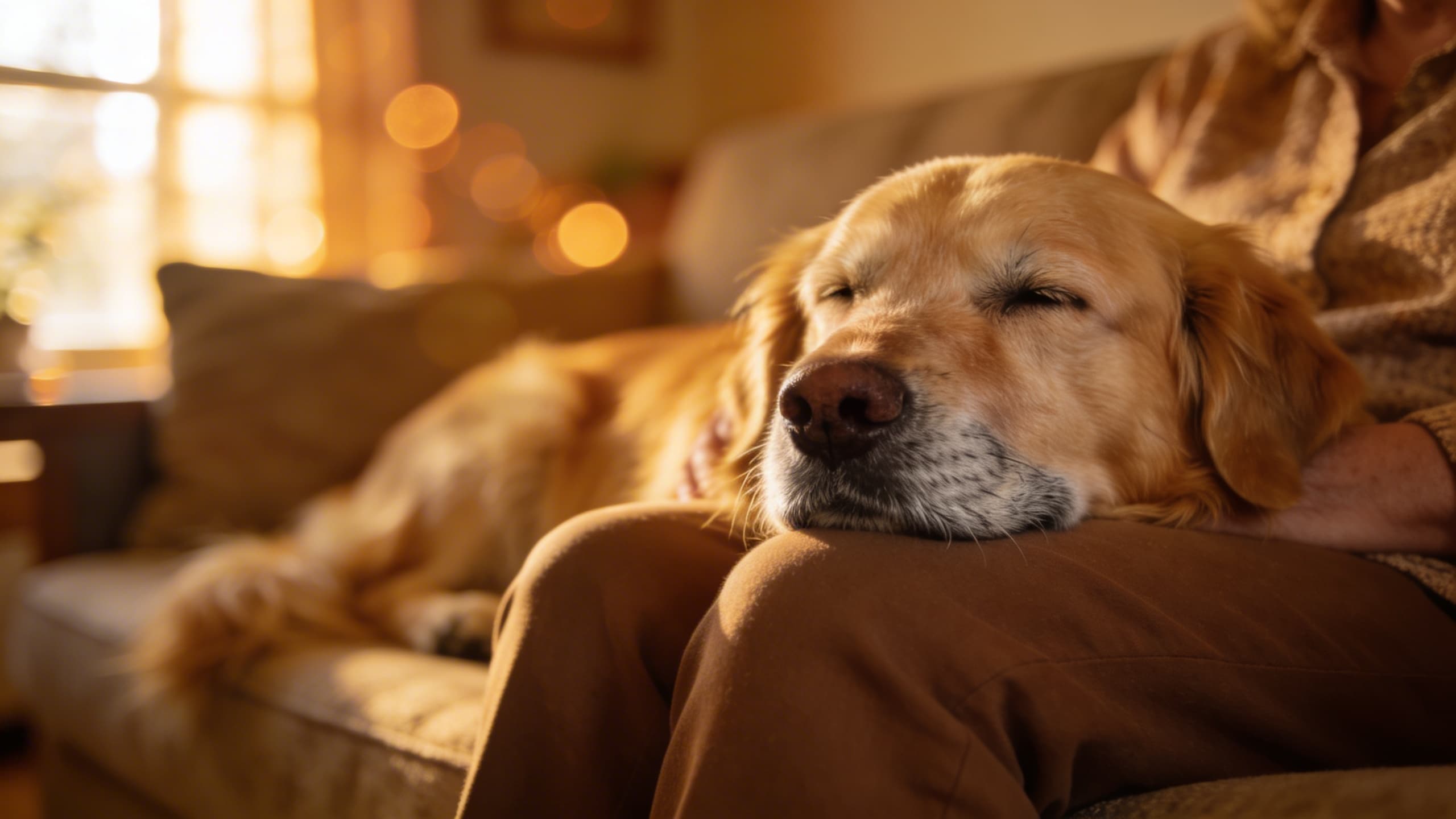 A senior golden retriever resting its head gently on its owner's lap in a warm living room, soft natural light through a window