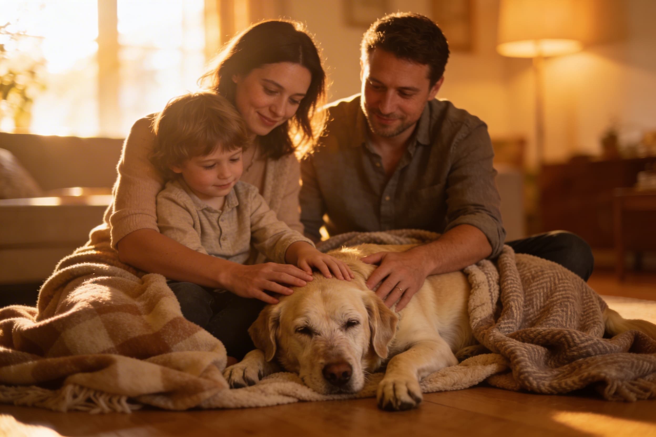 A family sitting together on a living room floor with their aging dog lying between them, warm and intimate scene