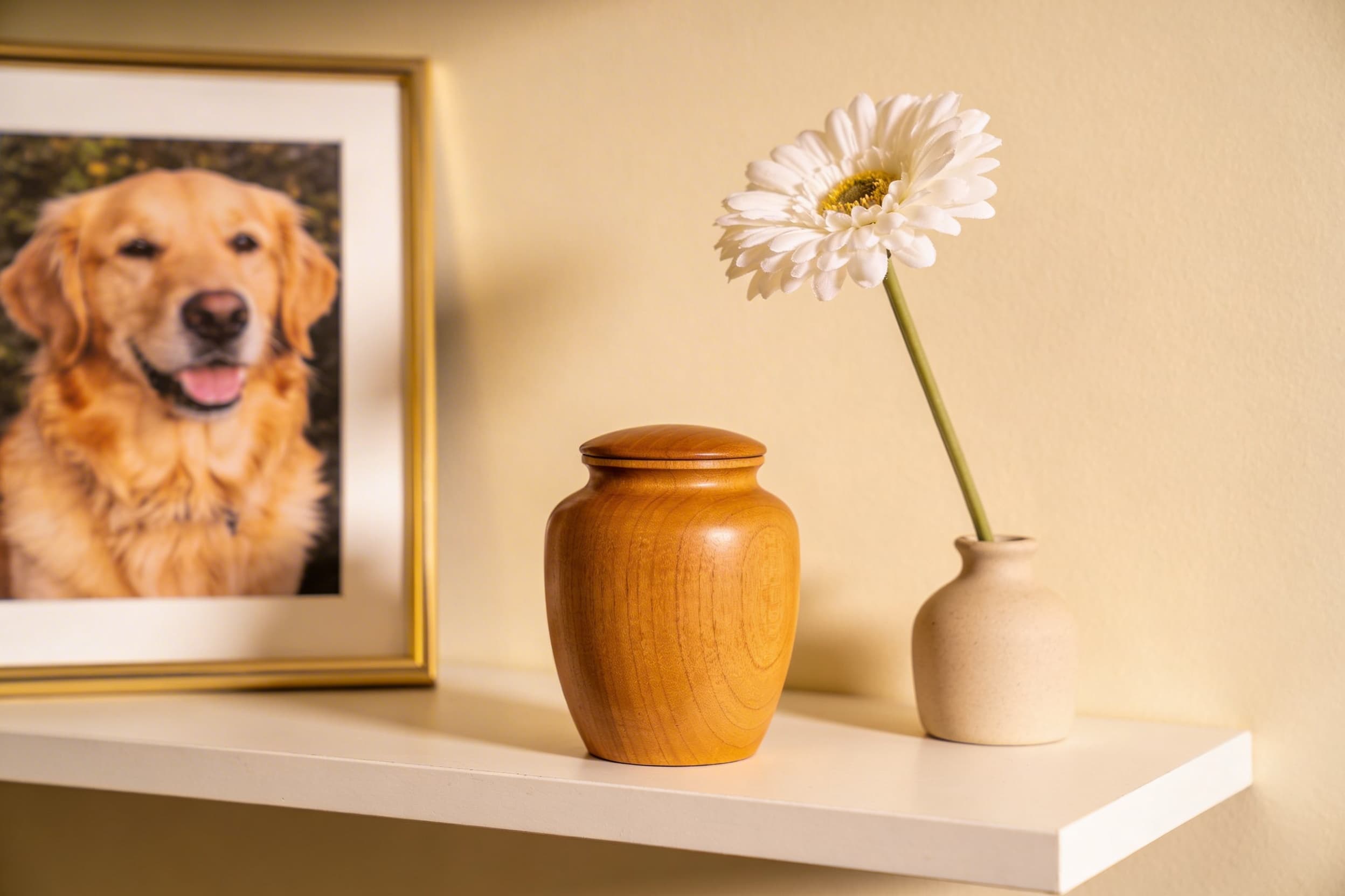A small wooden pet urn placed on a shelf beside a framed photograph of a dog with a single white flower, warm and peaceful home setting