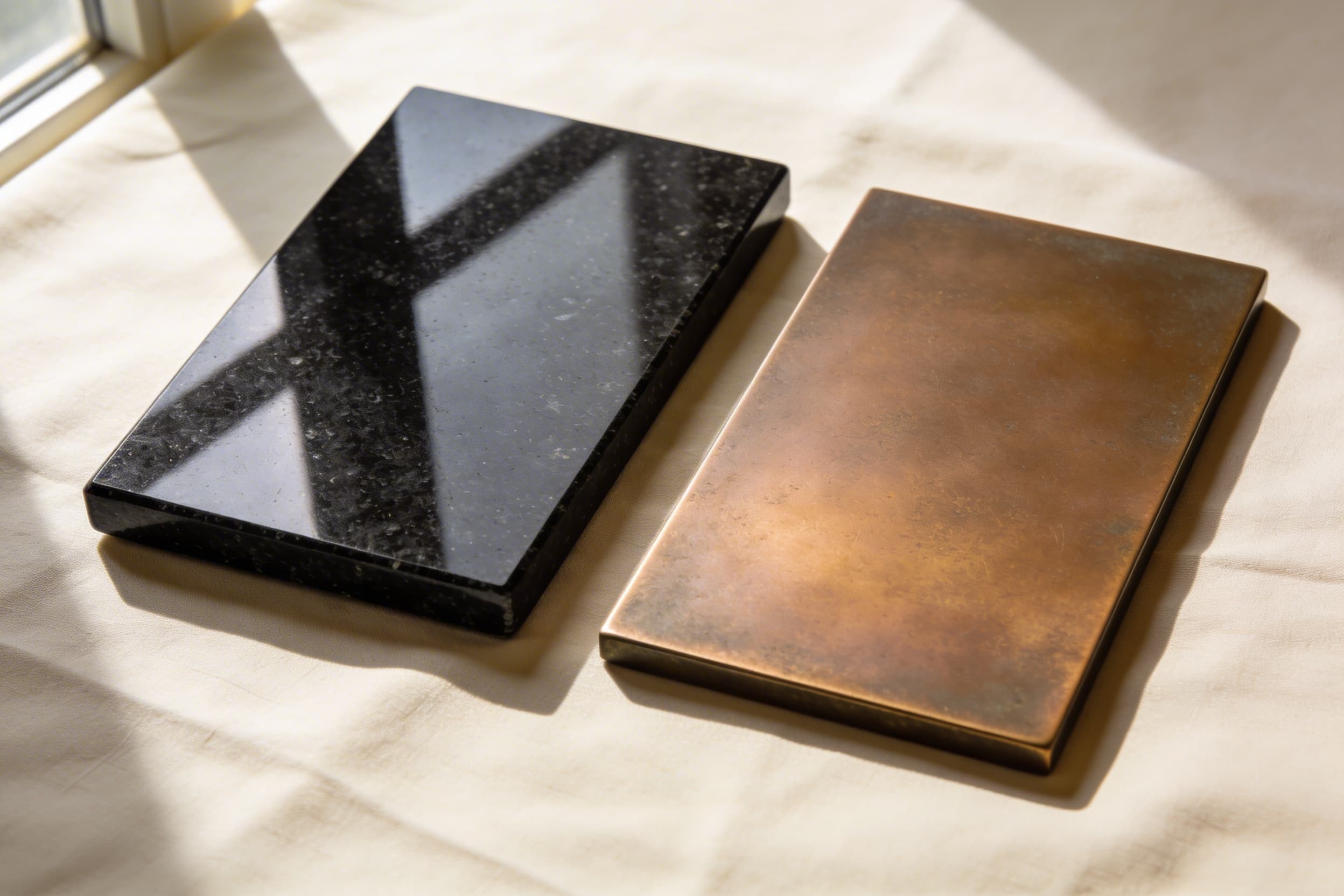 Close-up comparison of polished black granite and cast bronze memorial samples on a neutral stone surface with soft natural lighting