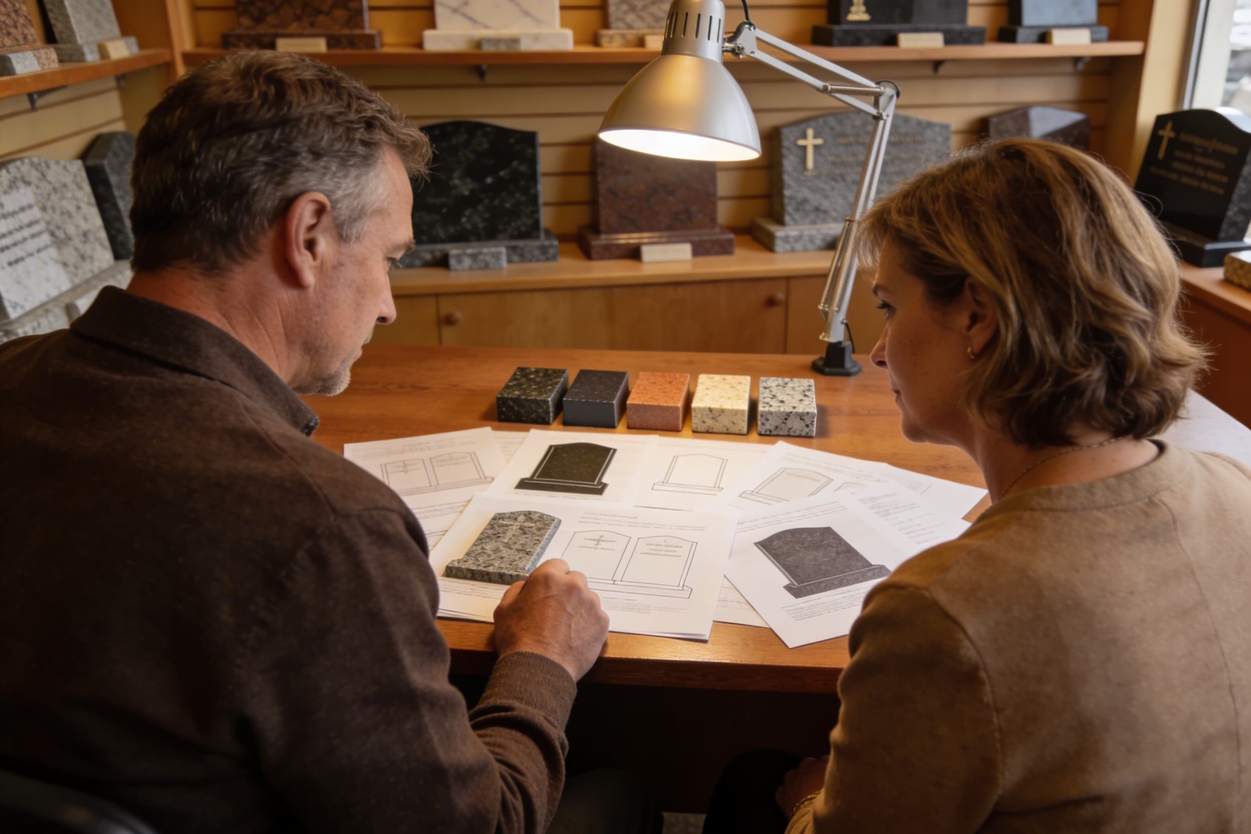 A family seated at a table reviewing headstone design proofs and granite color samples at a monument shop with warm interior lighting