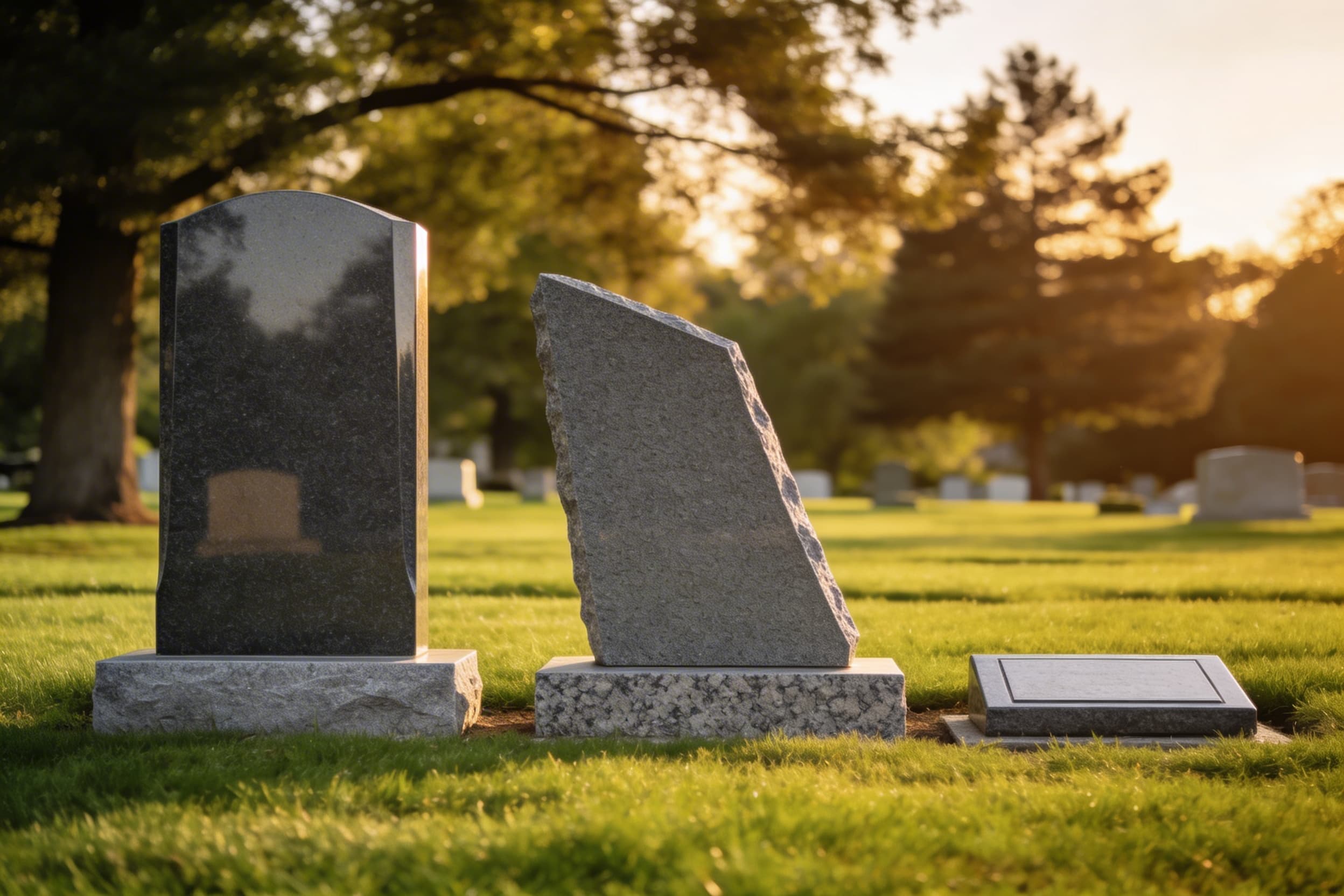A row of diverse headstone styles including an upright granite monument a flat bronze marker and a slant headstone in a well-maintained cemetery with afternoon sunlight