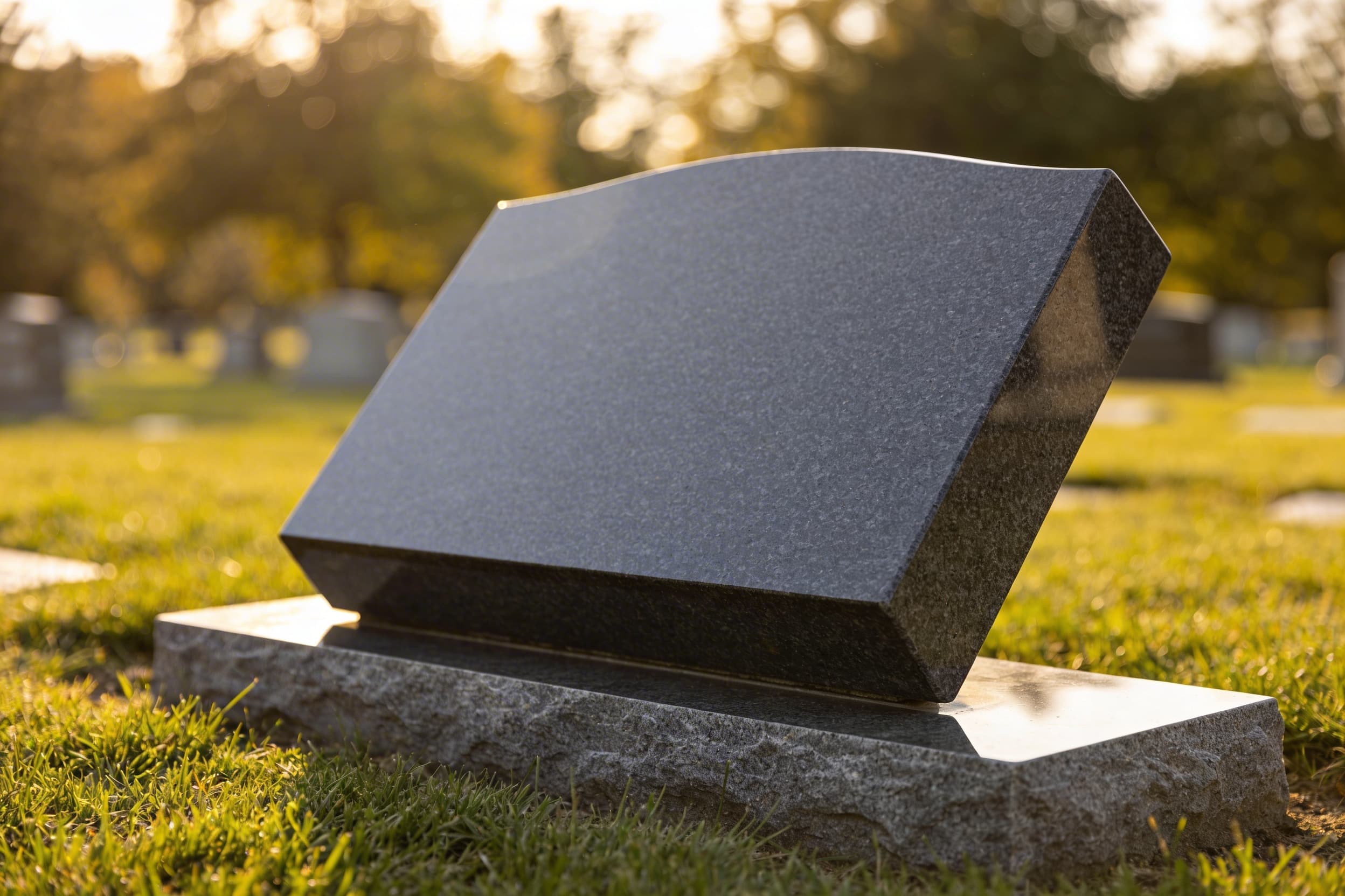 A dark gray granite slant marker headstone on a polished base in a cemetery setting with soft afternoon light