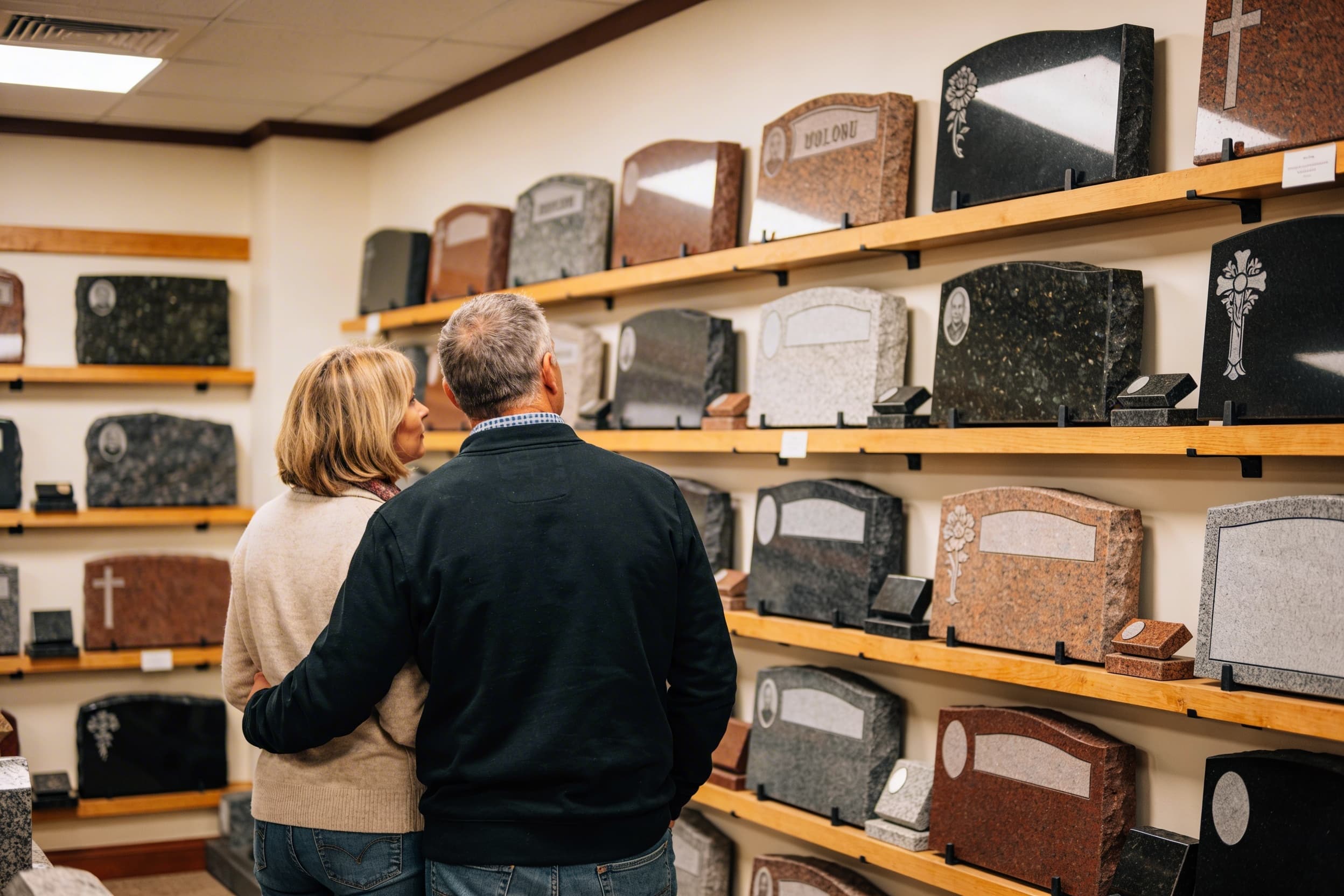 A couple reviewing headstone samples and materials at a monument company showroom with granite slabs and design catalogs on the table