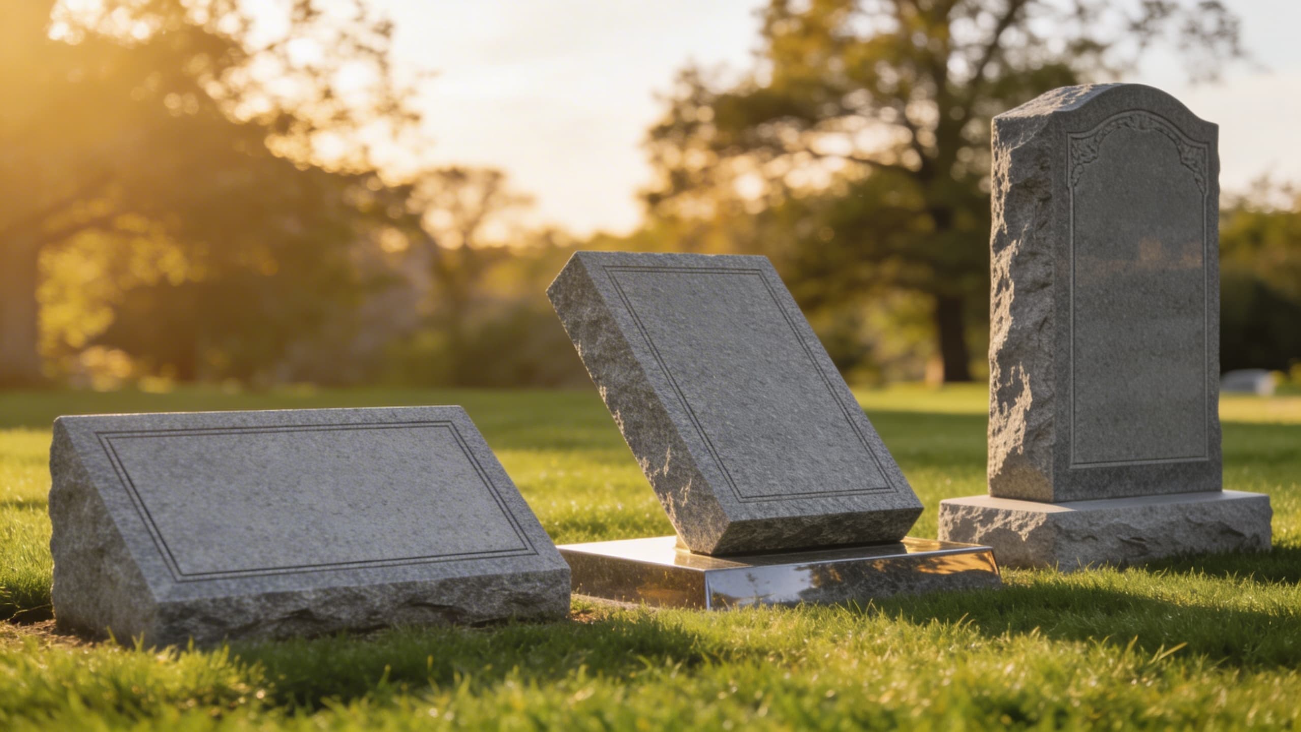 Several headstone styles including flat markers, slant markers, and upright monuments displayed in a peaceful green cemetery at golden hour