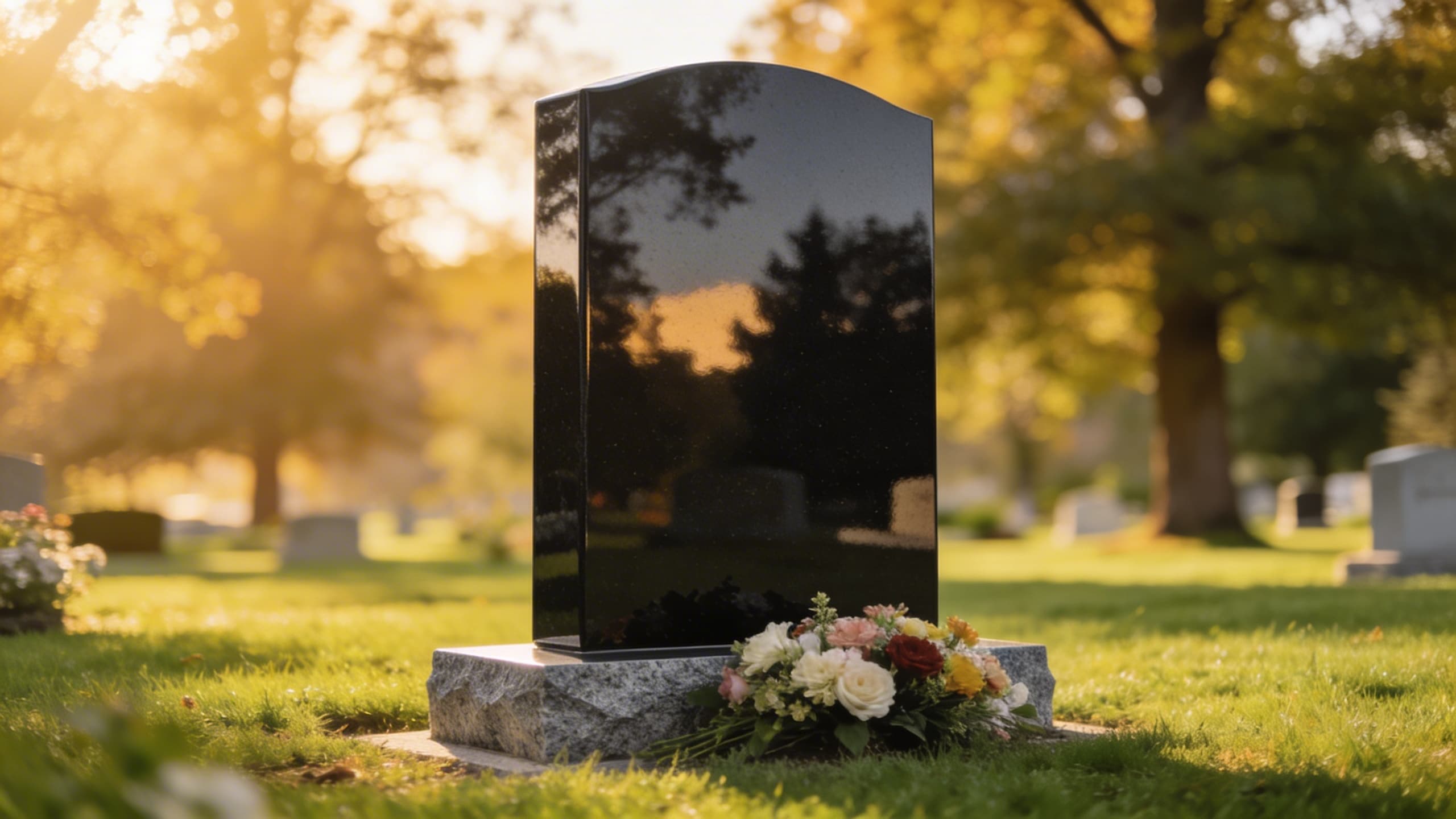 A polished black granite upright headstone standing in a green cemetery at morning with soft golden light reflecting off the surface