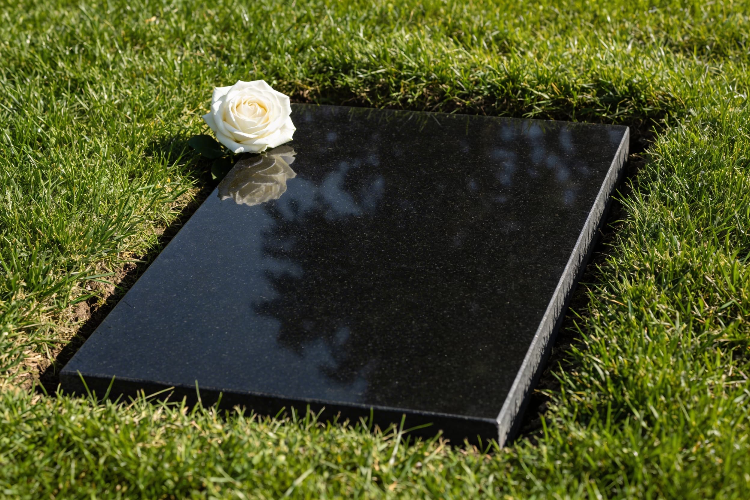 A polished black granite flat grave marker with laser-etched text and a small floral design set flush into green cemetery grass