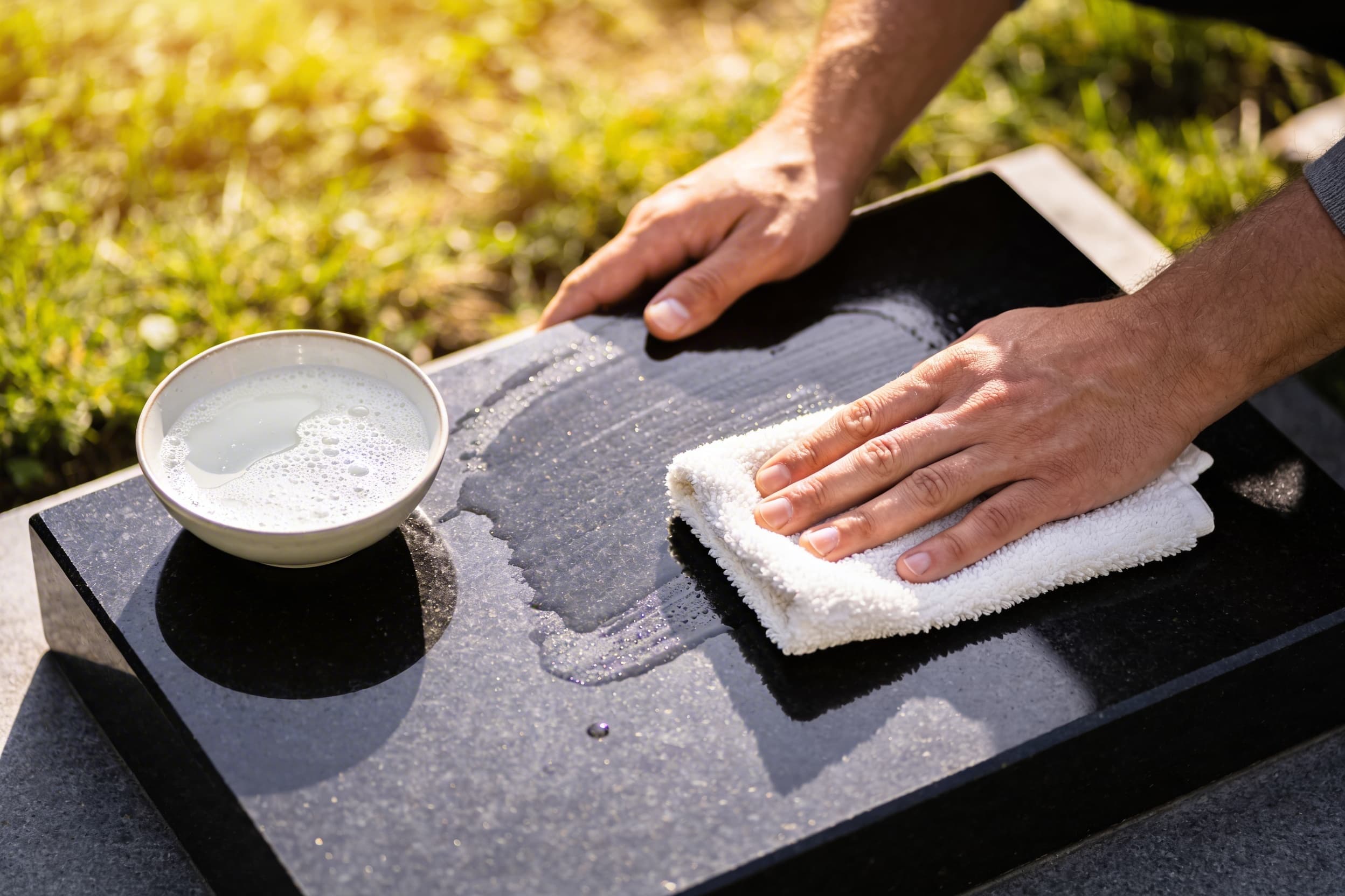 A person gently cleaning a polished black granite headstone with a soft microfiber cloth and soapy water in a sunny cemetery