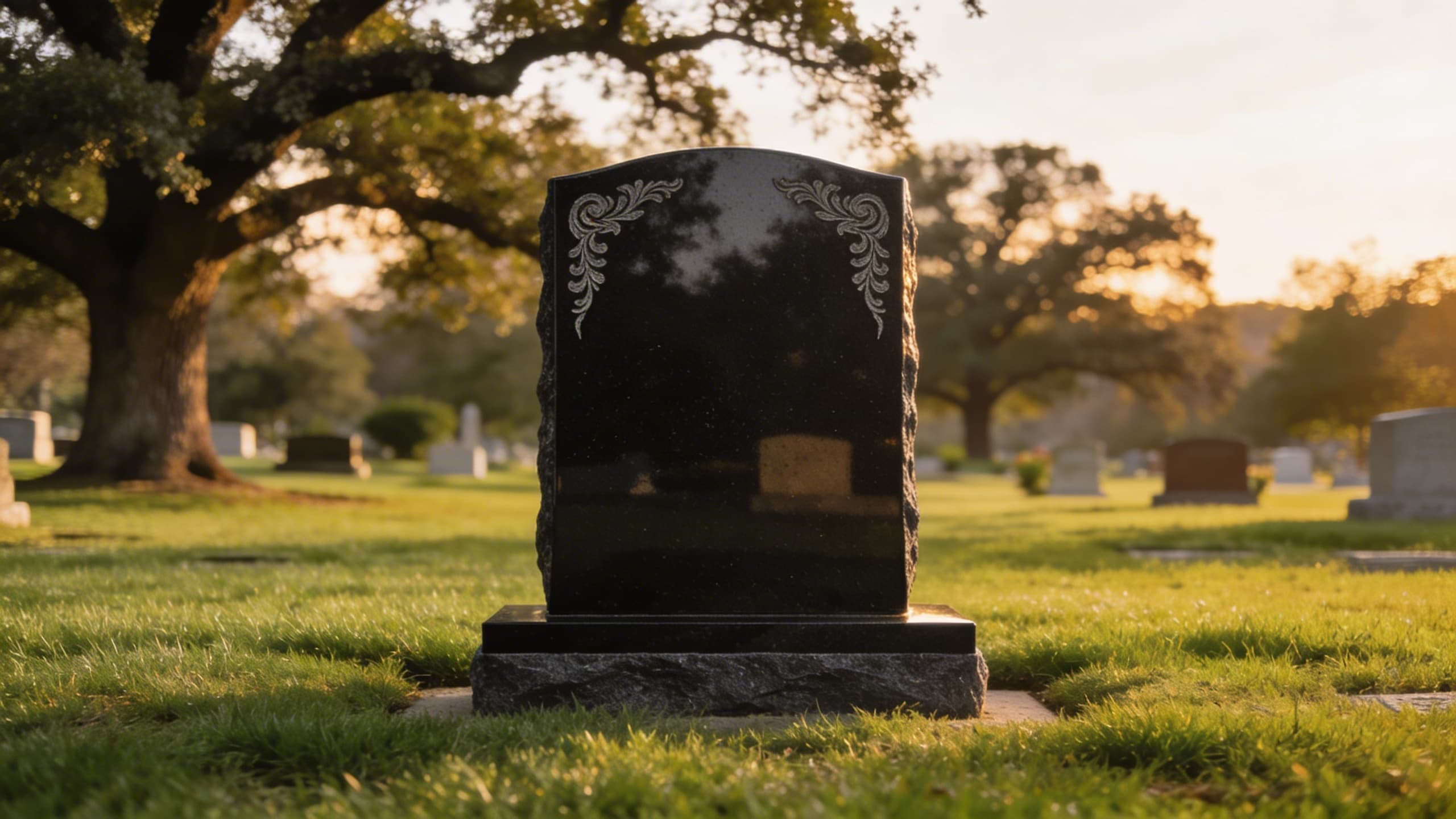 An upright granite cremation headstone with engraved inscription in a peaceful cemetery setting with green grass and mature trees