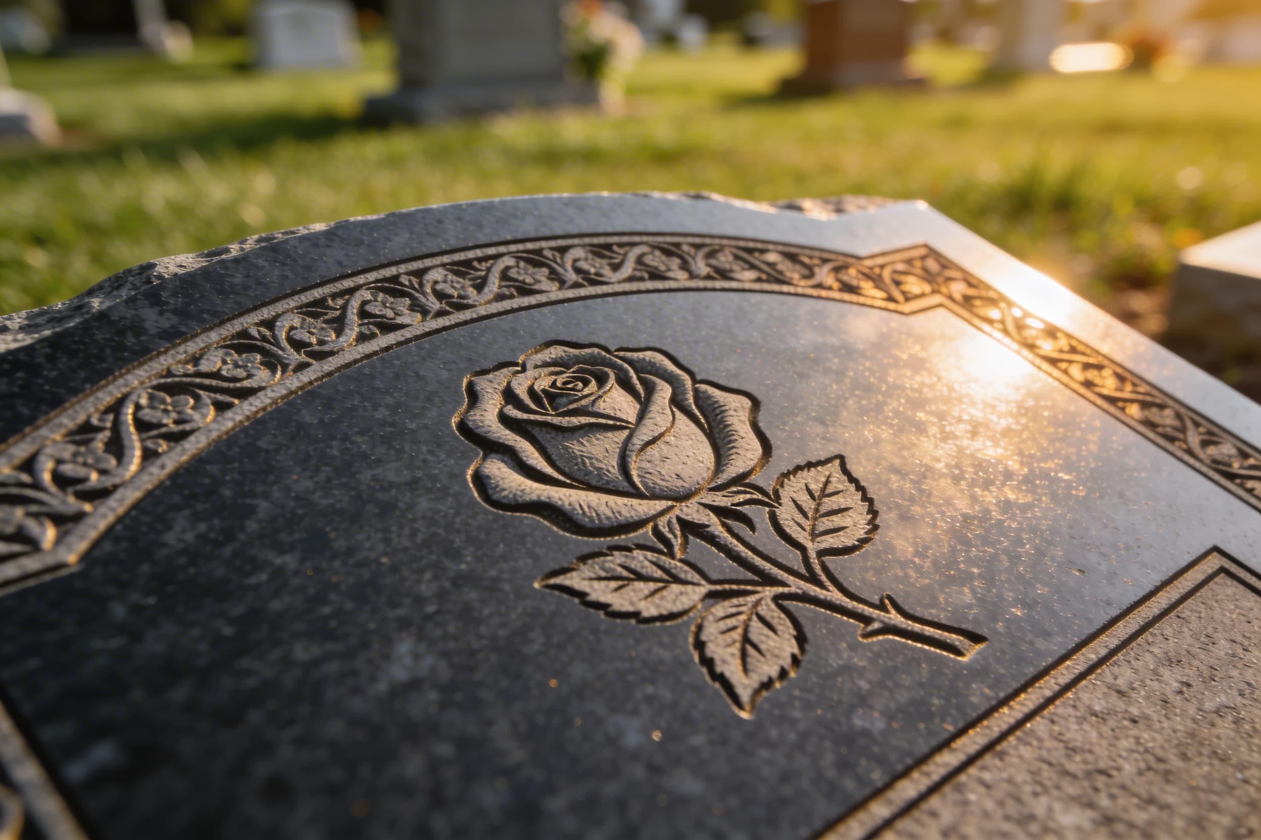 A close-up of a black granite cremation headstone featuring laser-etched floral designs and gold-lettered inscription
