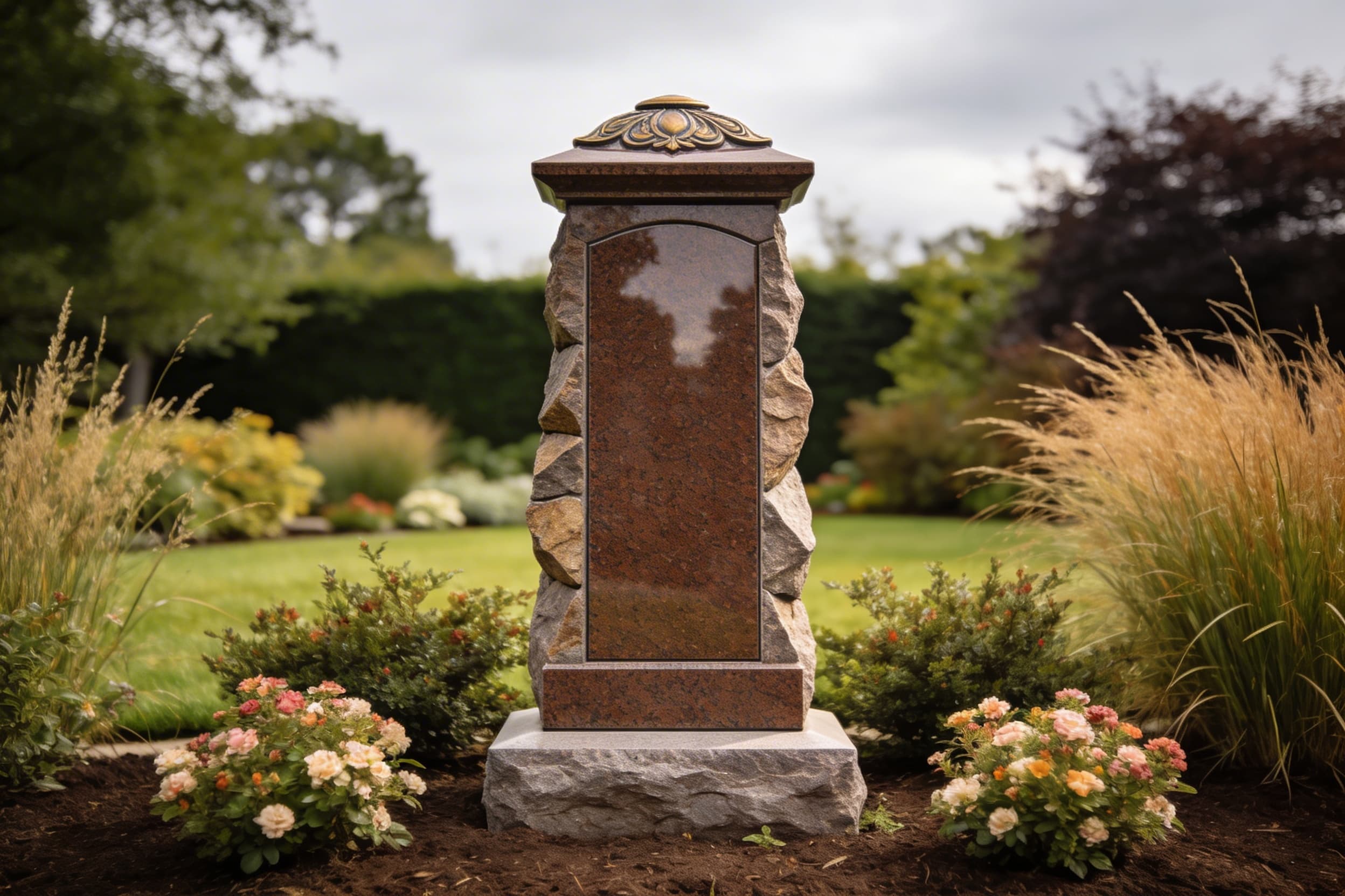 A tall granite memorial cremation pillar standing in a manicured cemetery cremation garden with flowering shrubs in the background