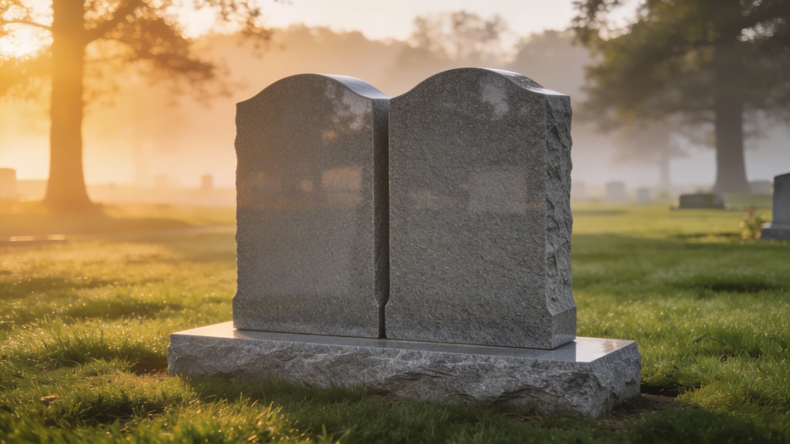A polished gray granite companion headstone for a couple set on green grass in a peaceful cemetery at sunrise with soft golden light