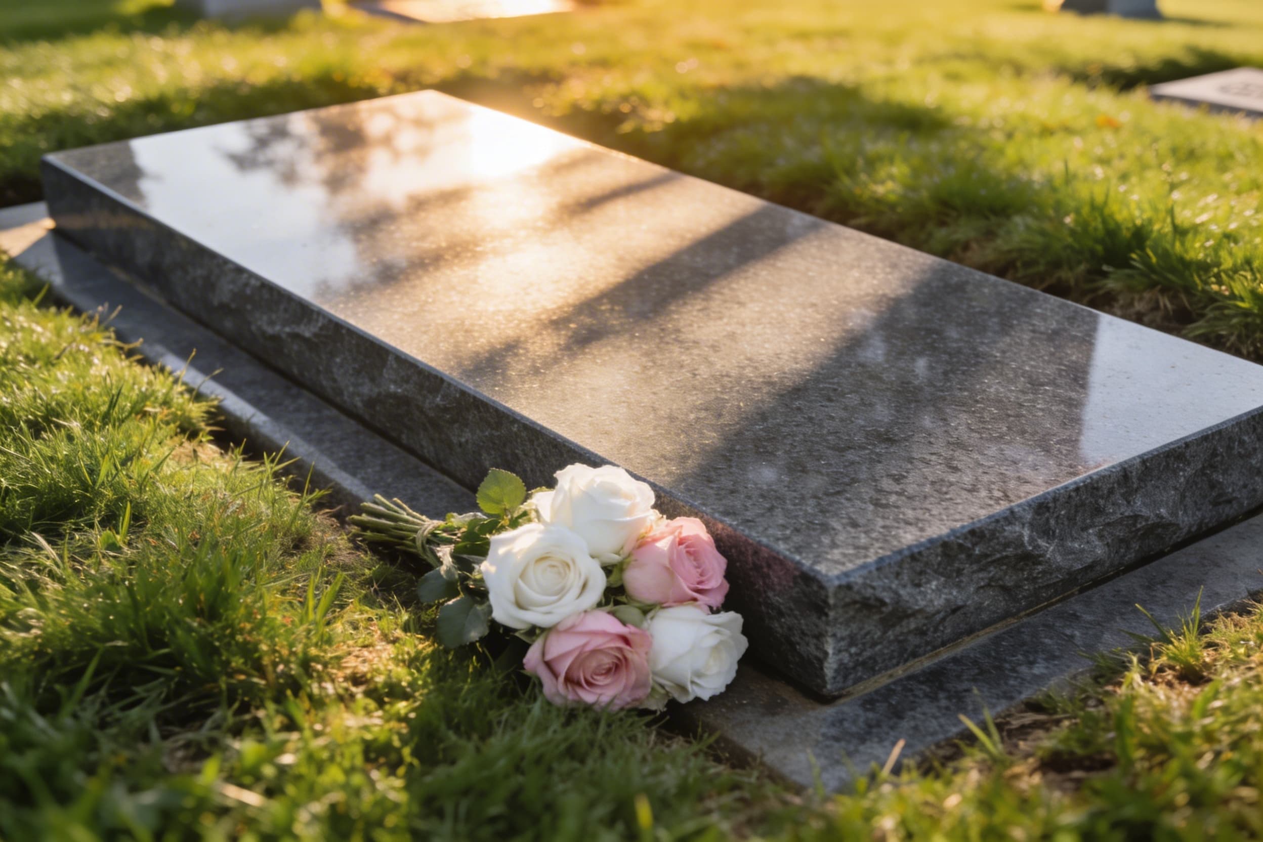 A polished flat companion granite grave marker for a couple set flush in green cemetery grass with a small bouquet of fresh flowers placed at the base