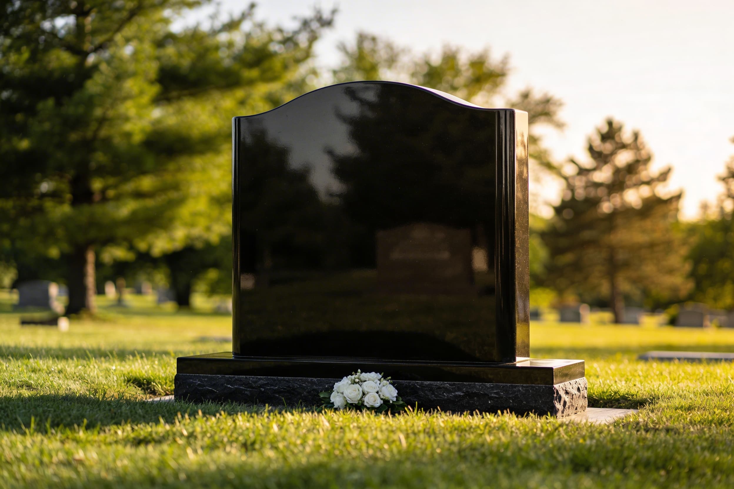 A large black granite companion headstone with a laser-etched mountain landscape scene stretching across both sides of the monument with a couple's names engraved below