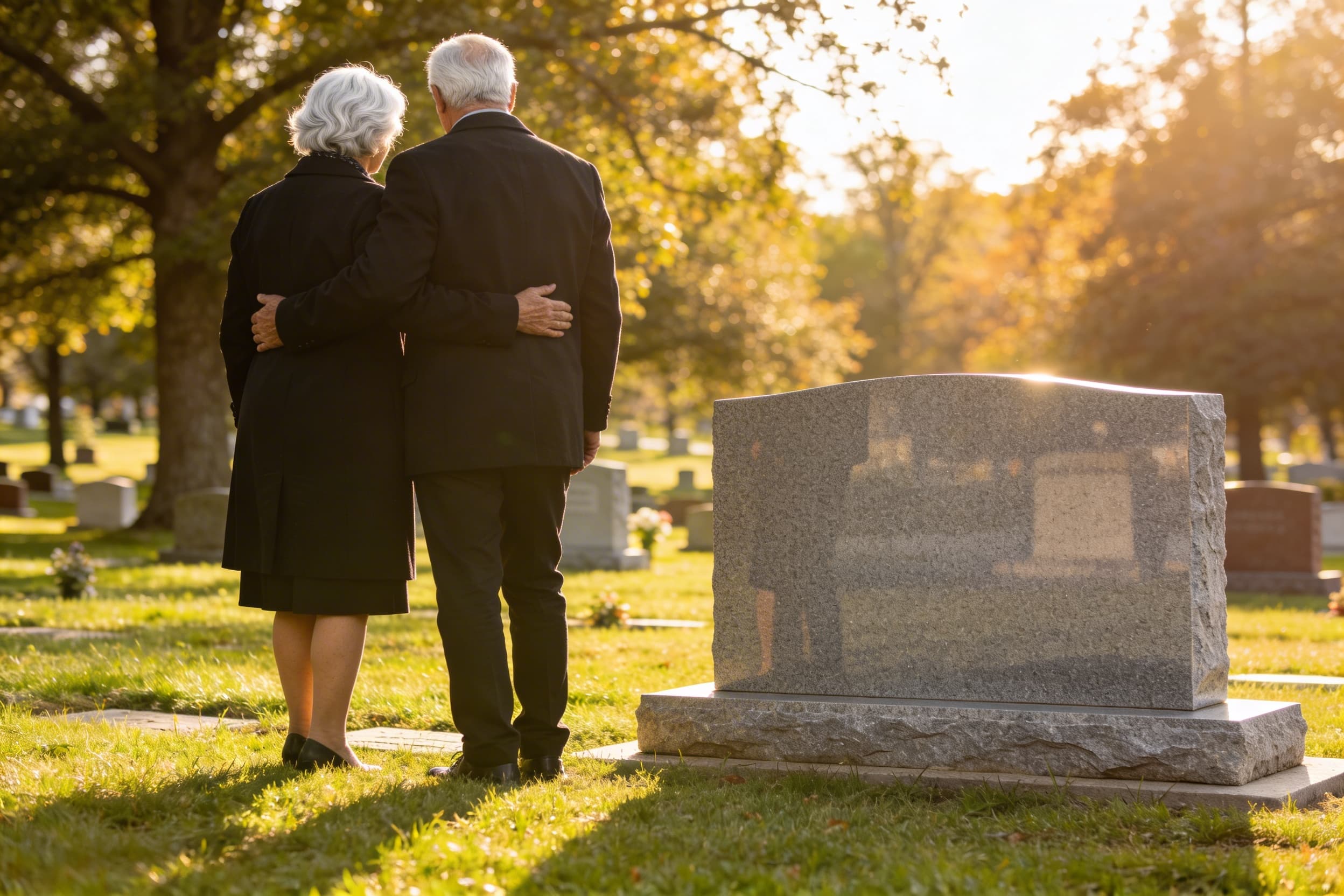 A couple in embrace near a companion headstone.