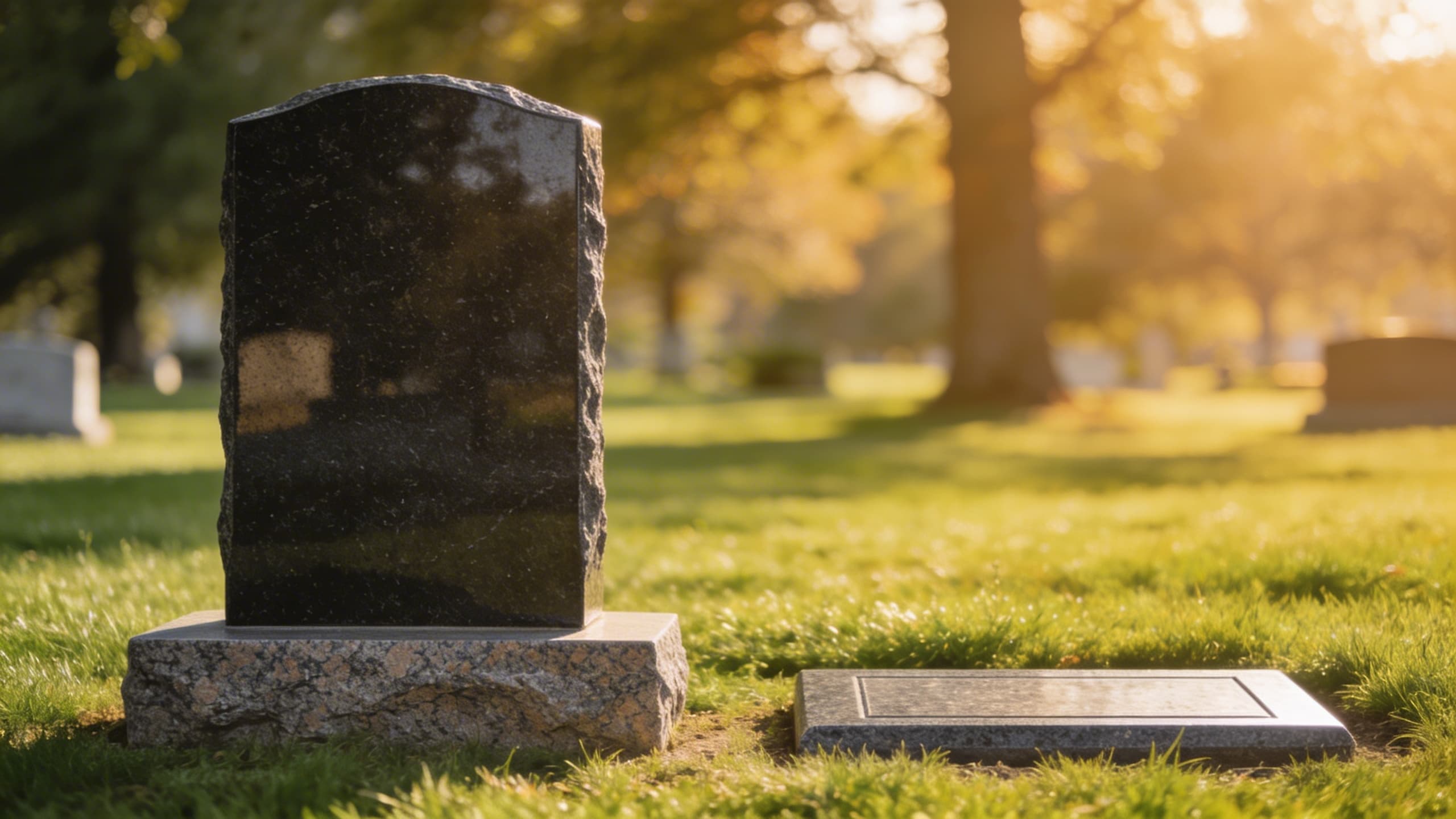 An upright granite headstone and a flat flush grave marker displayed side by side in a green cemetery lawn with soft morning light