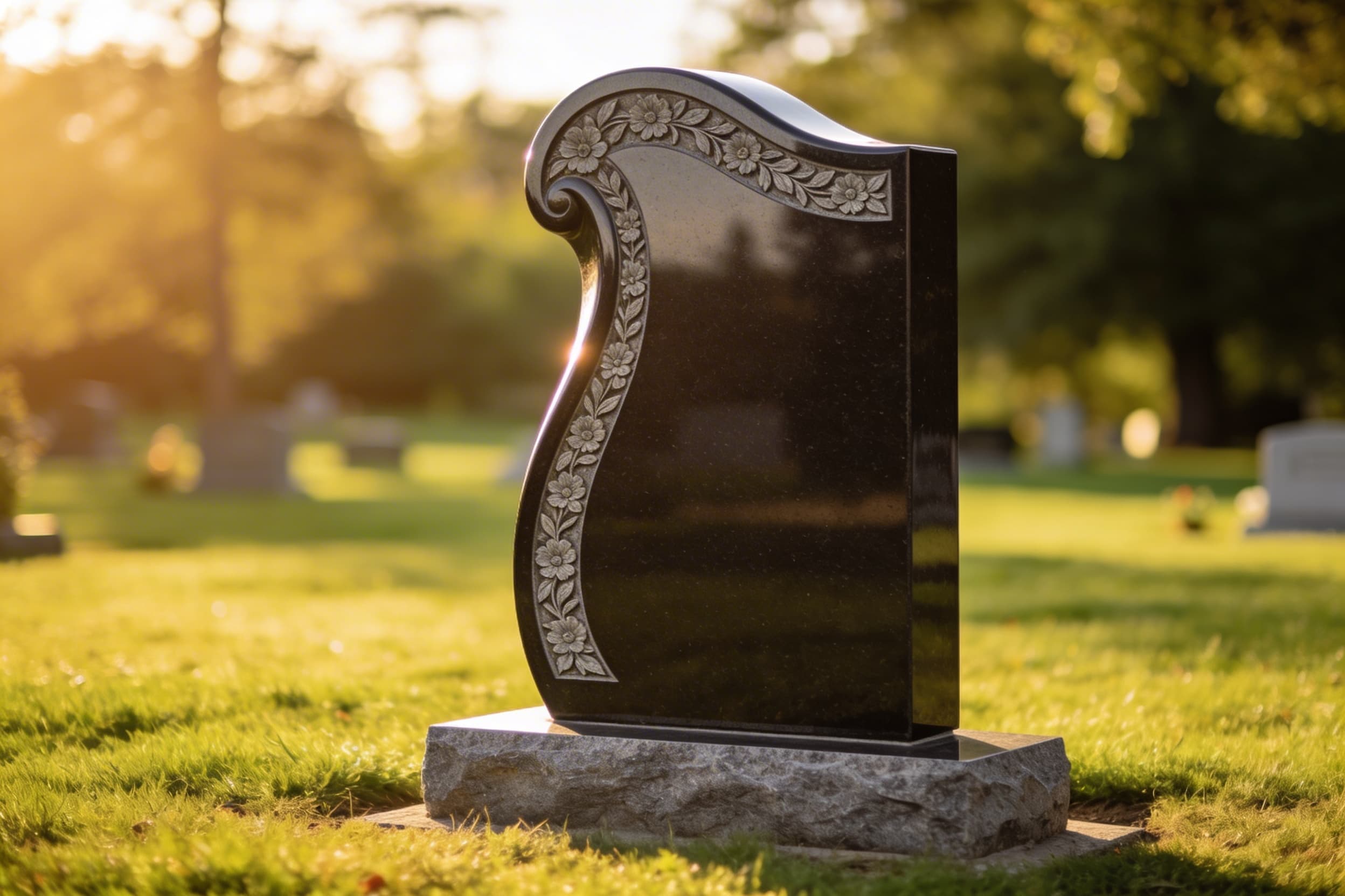 A polished dark granite upright headstone with an engraved portrait and floral border standing on a granite base in a well-maintained cemetery