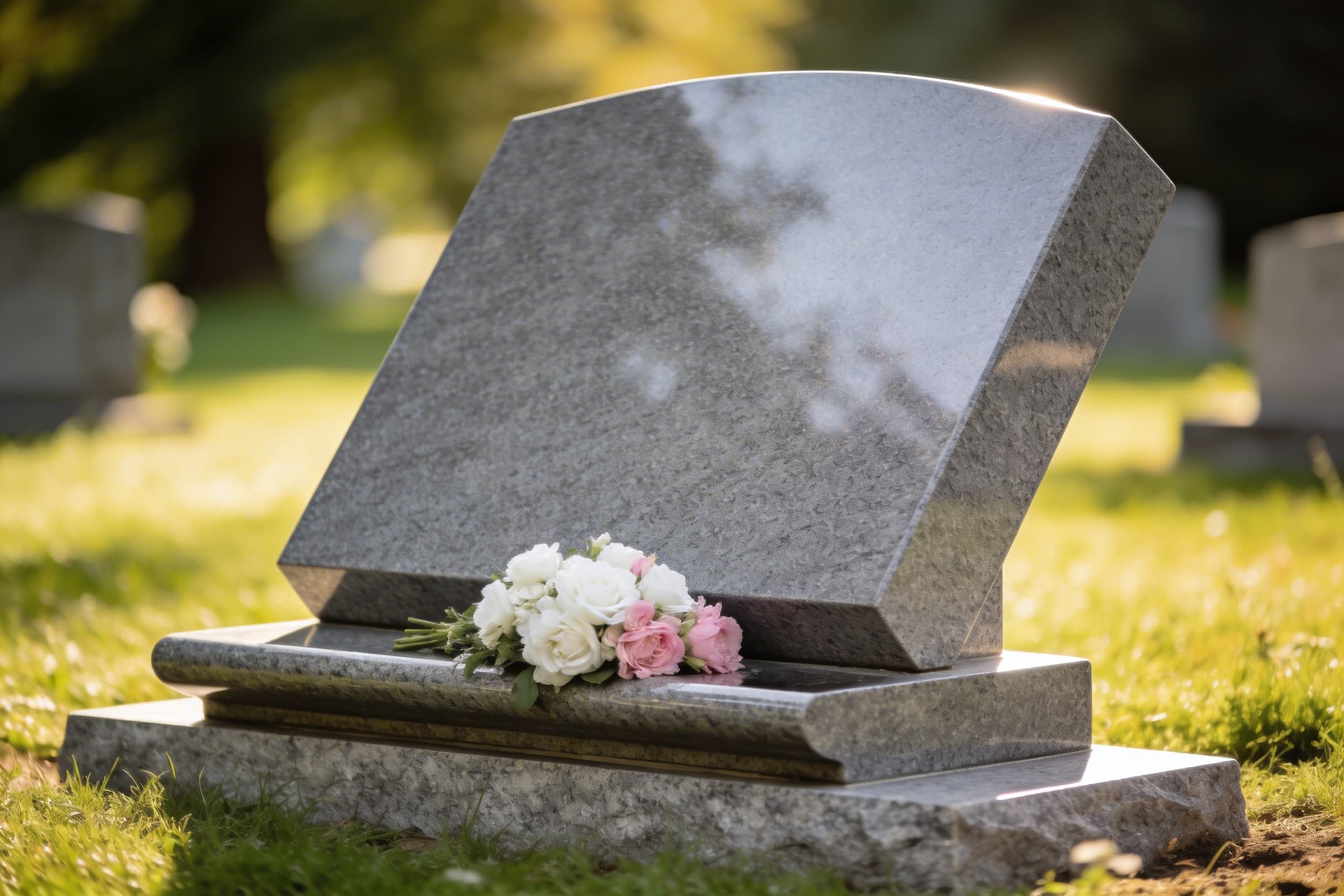 A gray granite slant headstone with engraved lettering set on a polished granite base with a small arrangement of flowers placed on the nosing ledge