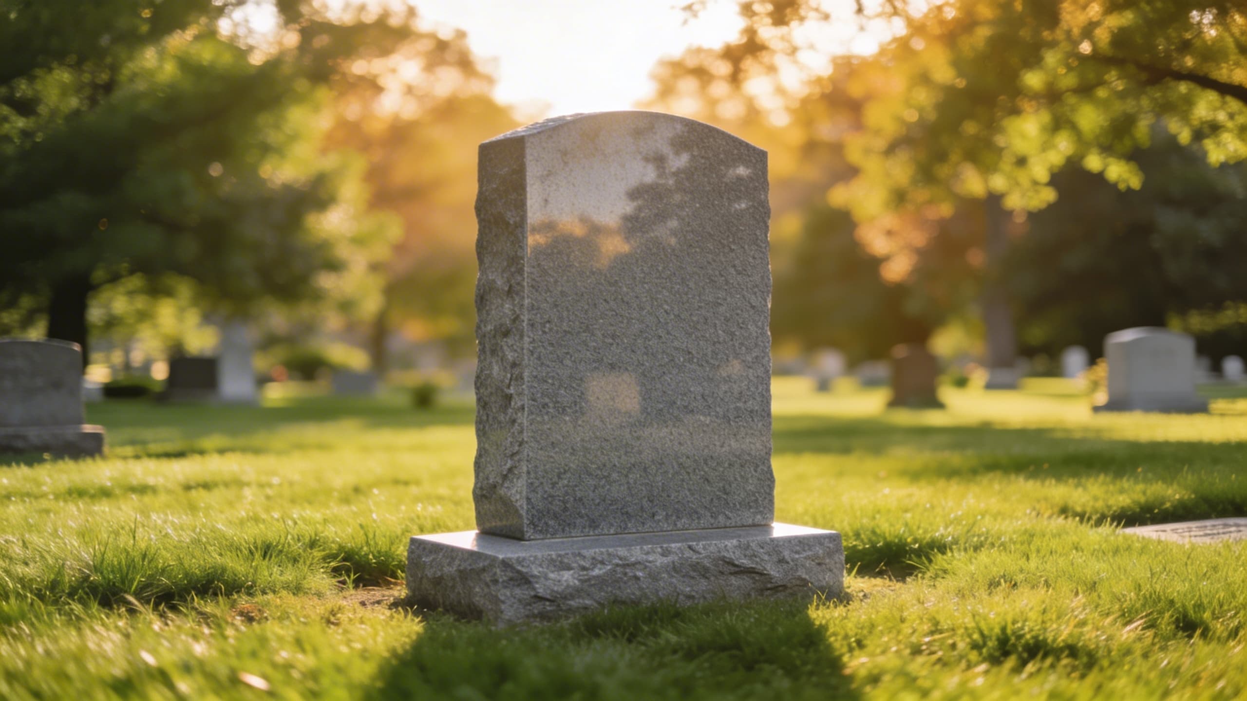 A polished gray granite upright headstone standing in a sunlit cemetery with green grass and soft-focus trees in the background