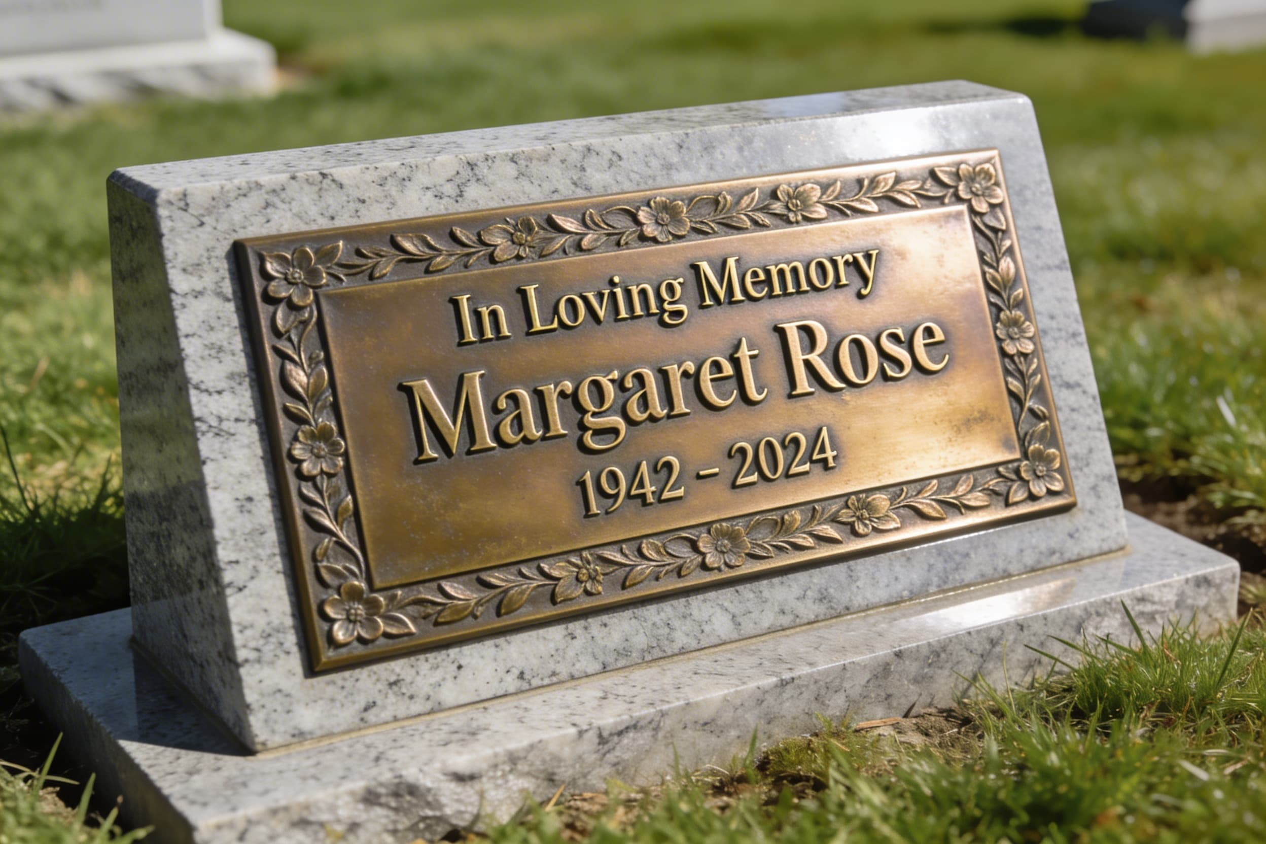 A bronze memorial plaque with raised lettering and a floral border mounted on a polished gray granite base