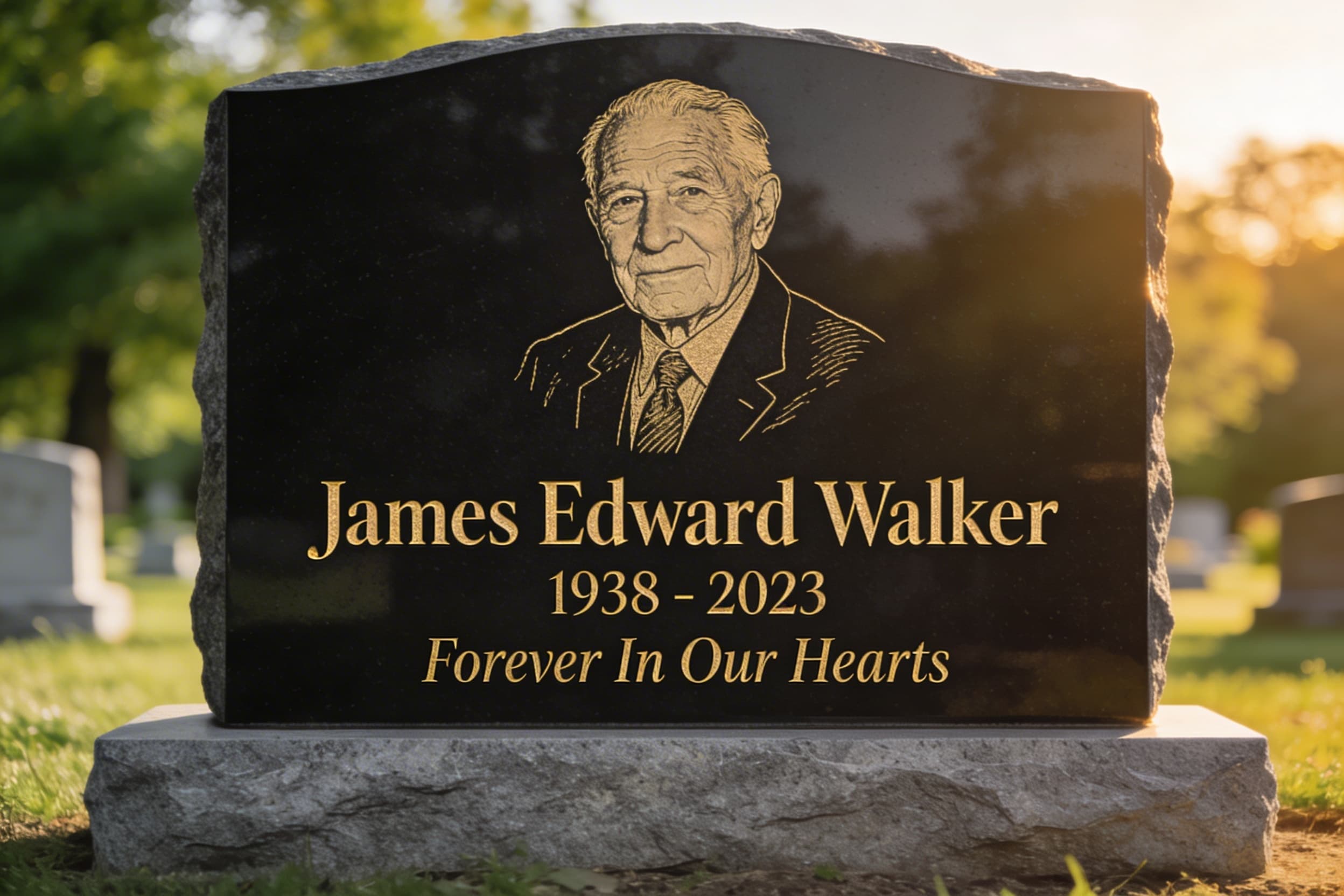 A detailed laser-etched portrait of a man on a polished black granite headstone with gold-painted lettering below