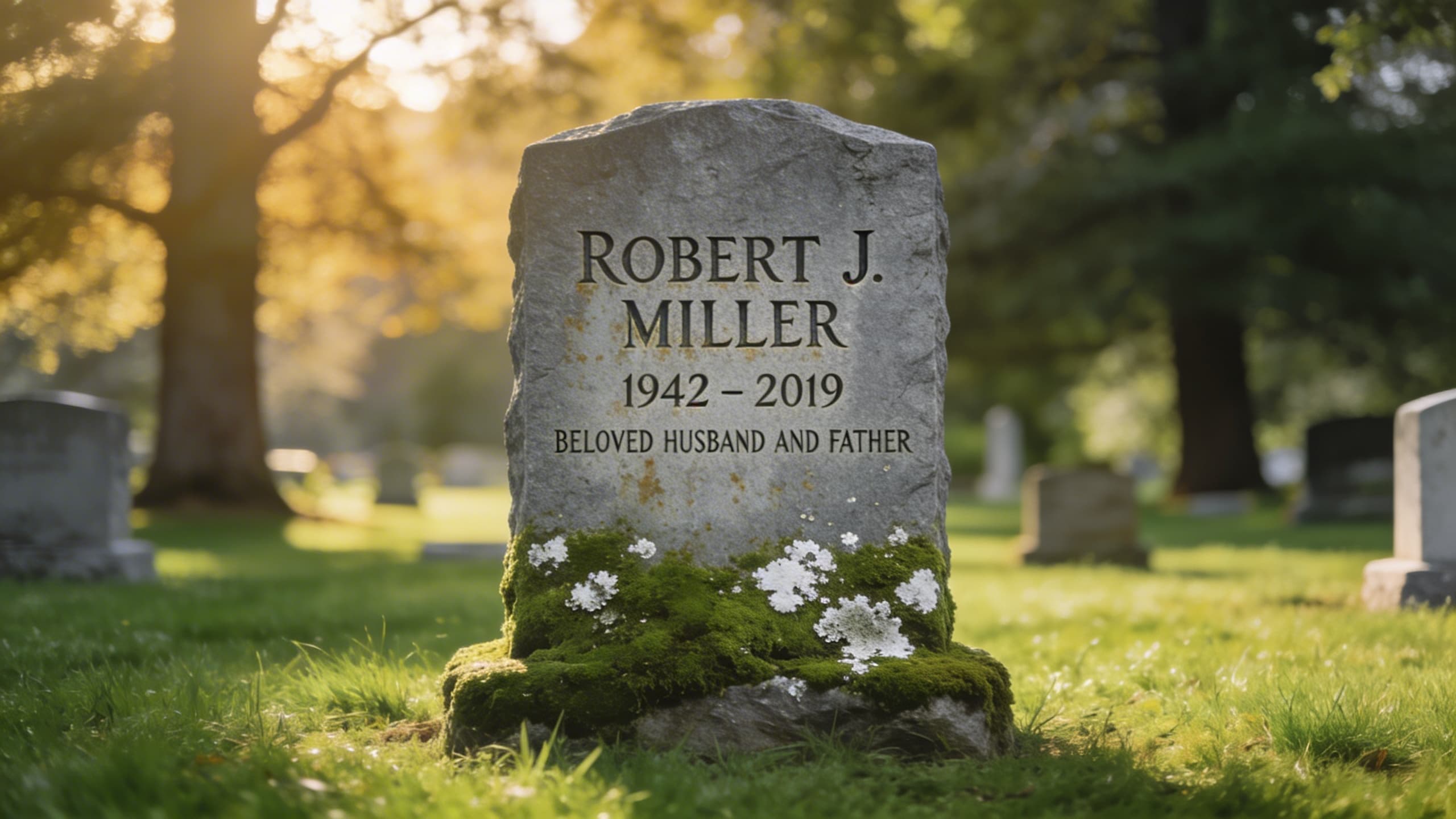 A weathered granite headstone with visible moss and lichen growth standing in a green cemetery under soft natural light