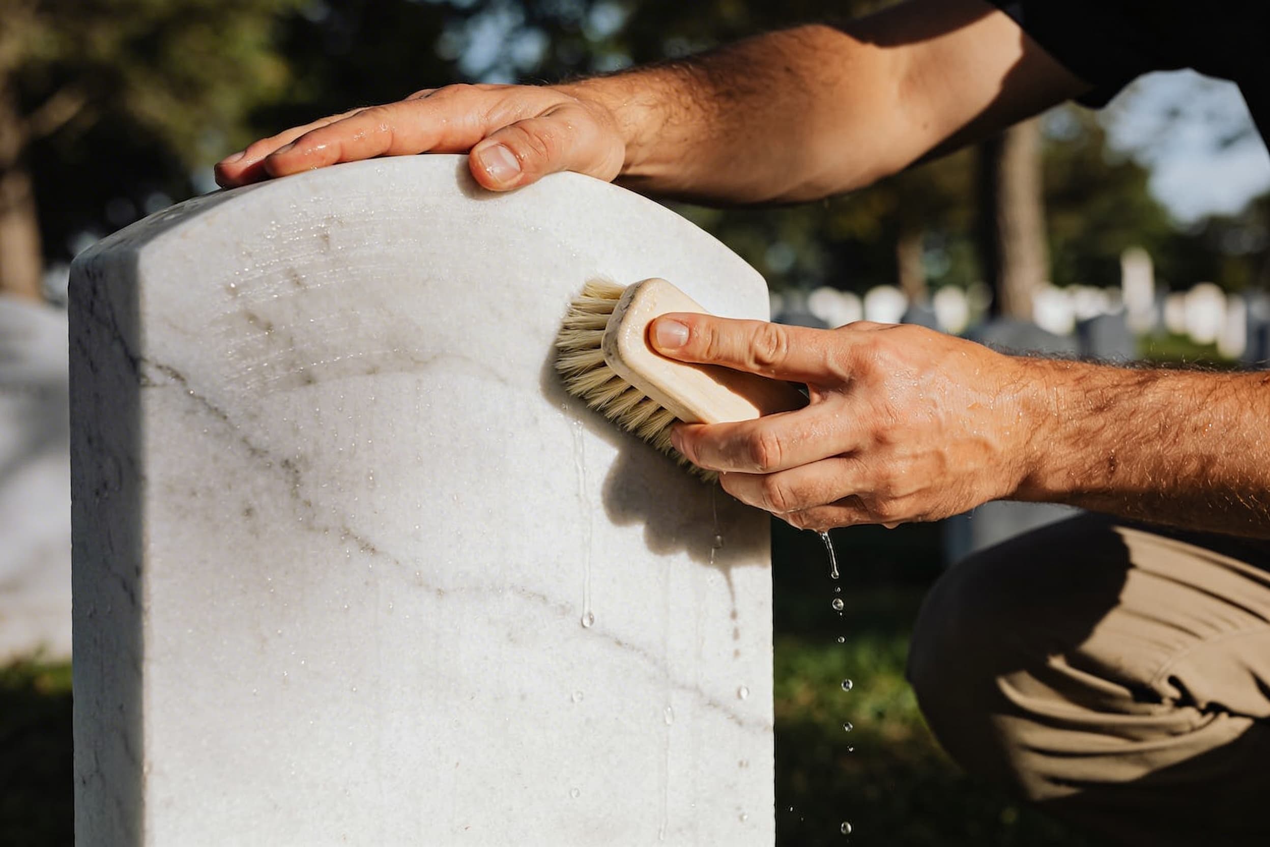 A pair of hands gently scrubbing a marble headstone with a soft-bristled brush and clean water in a shaded cemetery setting