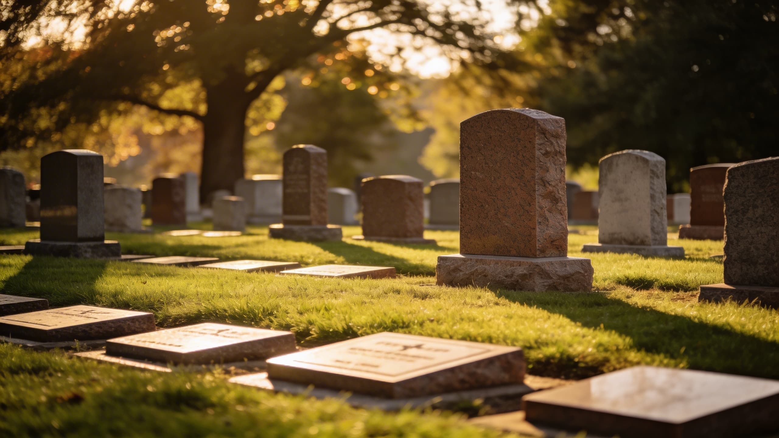Rows of granite headstones in a green cemetery showing a variety of sizes from flat markers to tall upright monuments