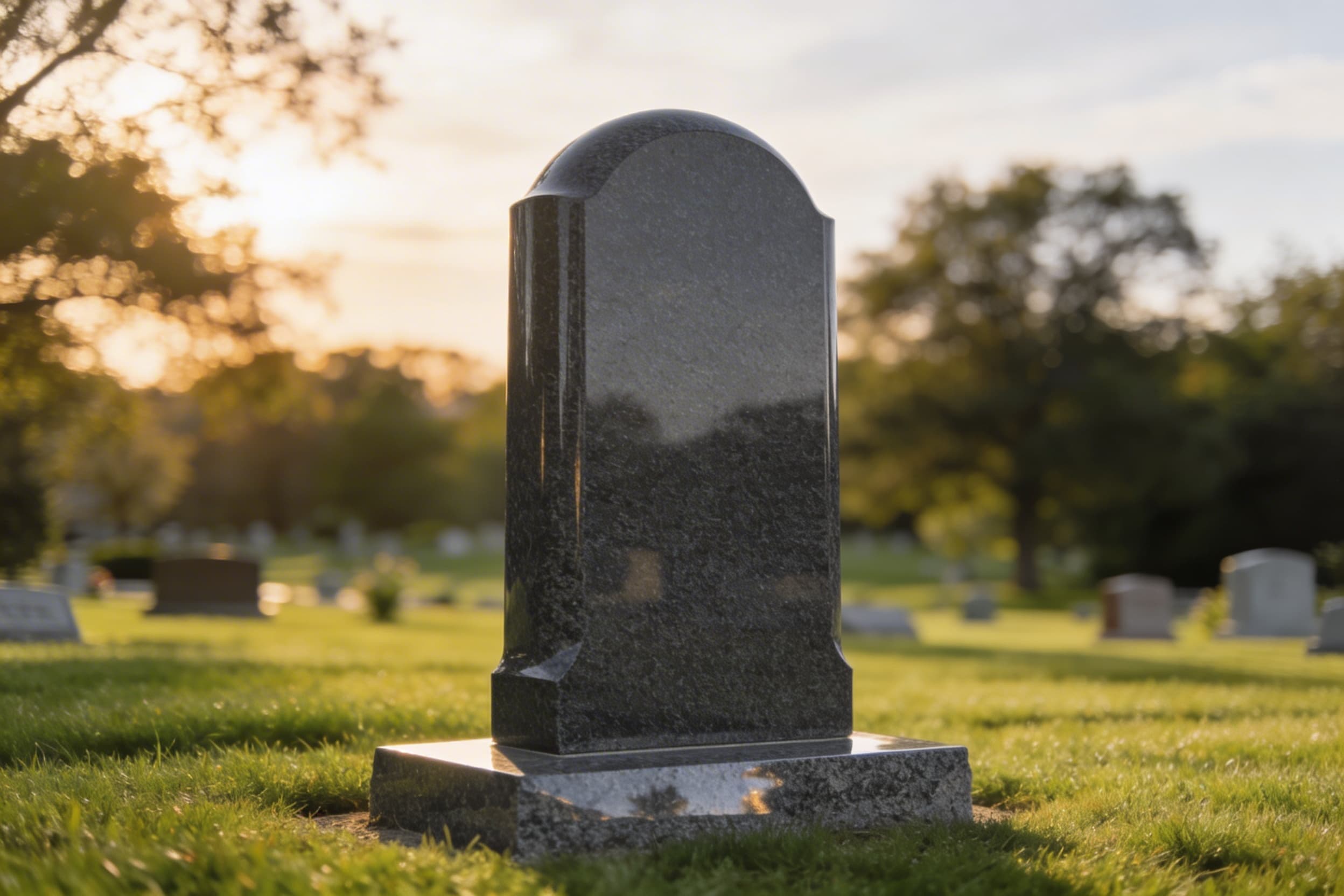 A single upright granite headstone on a polished base in a well-maintained cemetery setting with green grass