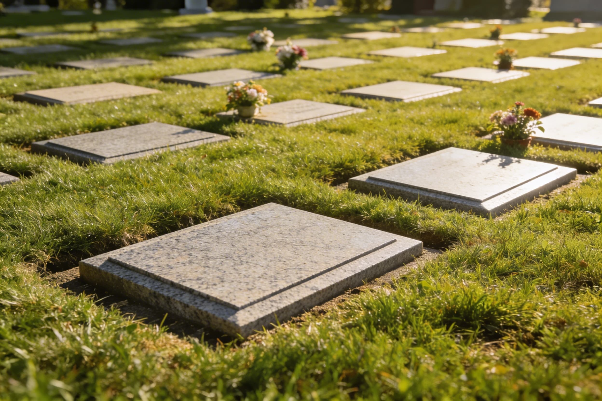A cemetery section showing rows of flat flush grave markers set into green grass demonstrating uniform sizing requirements