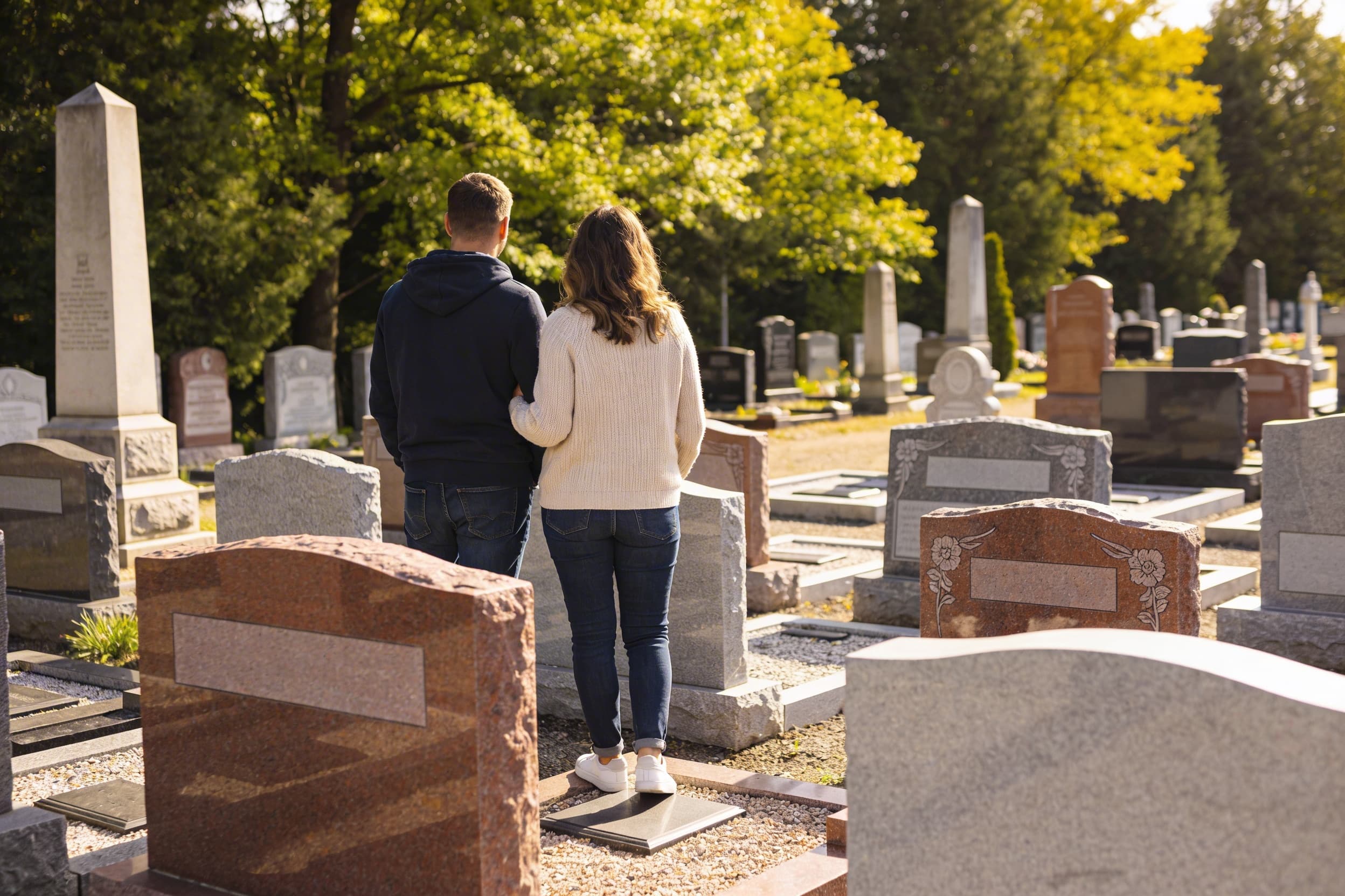 A family discussing headstone size options with a monument dealer at an outdoor display with various granite headstones