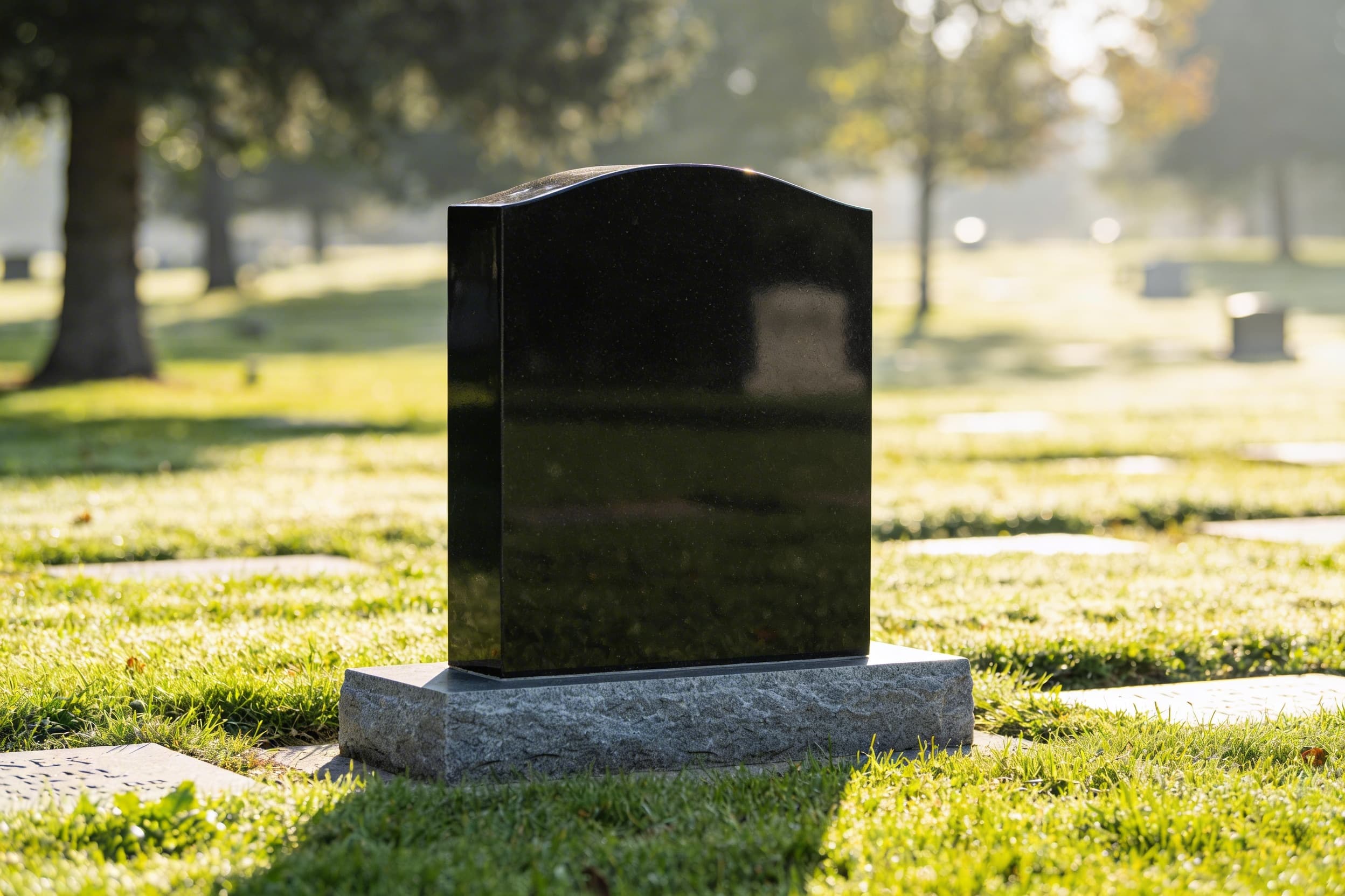 A polished black granite upright headstone with gold lettering set on a granite base in a well-maintained cemetery lawn