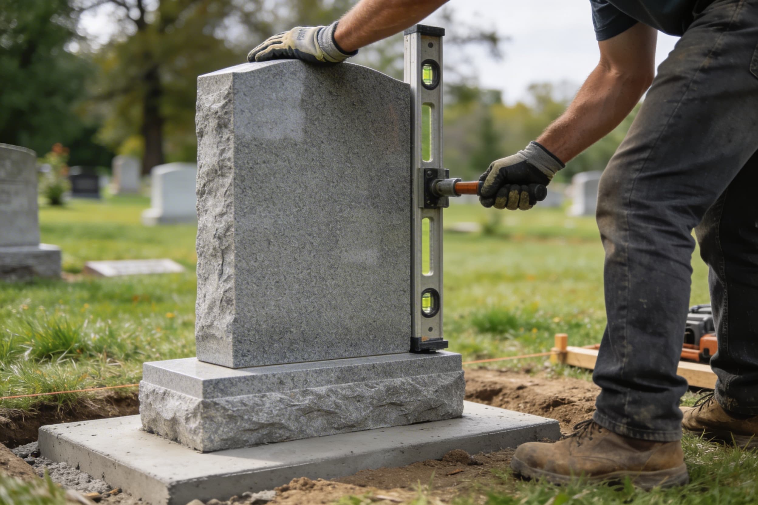 A professional installer leveling a granite upright headstone on a concrete foundation at a gravesite with cemetery lawn in the background