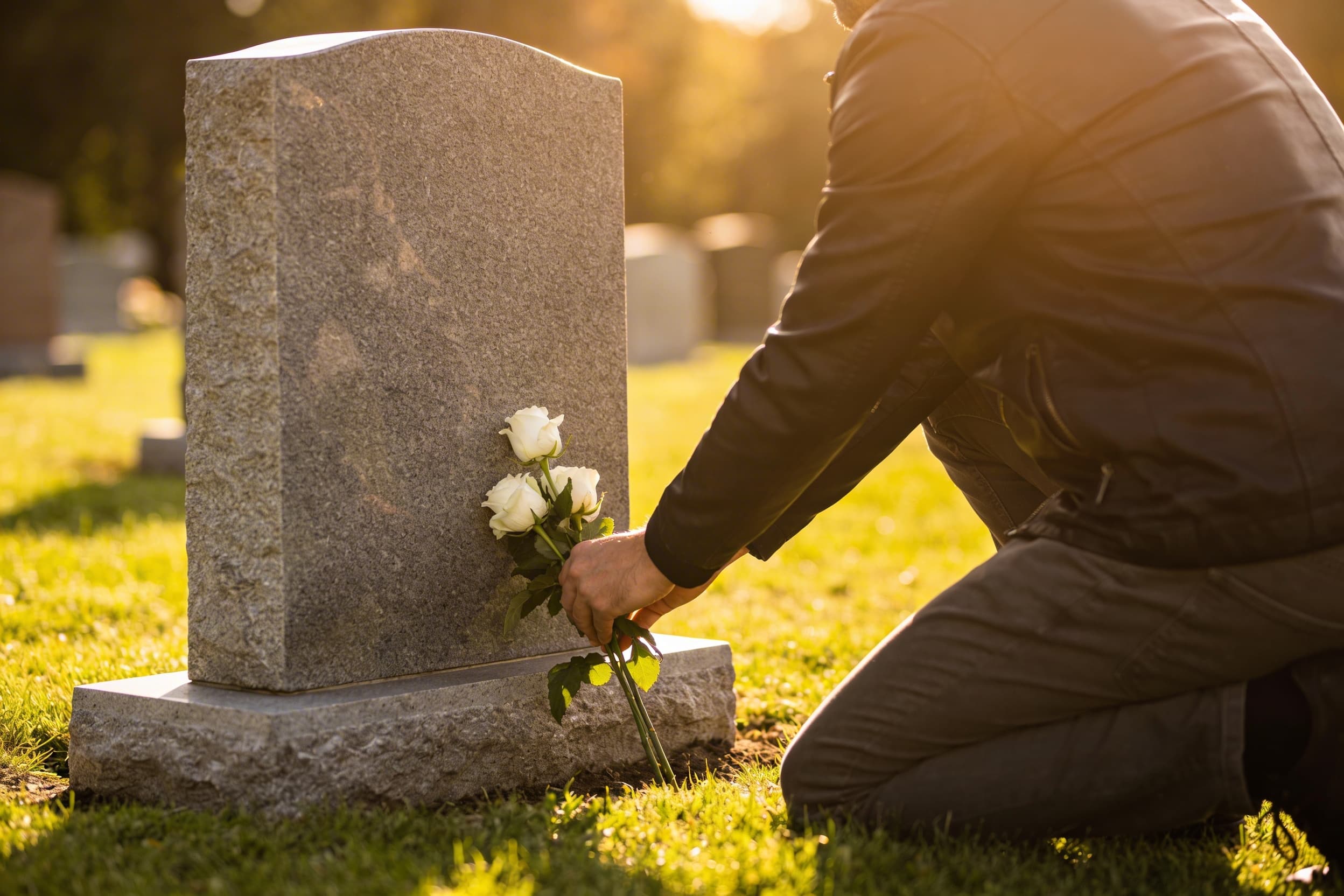 A family placing fresh flowers at the base of a granite upright headstone on a sunny day in a peaceful cemetery setting