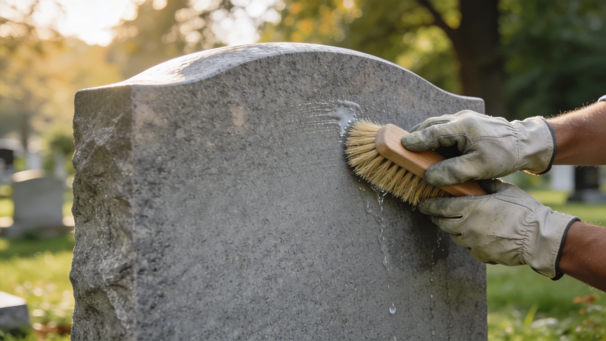 A weathered granite headstone in a peaceful cemetery being cleaned with a soft brush and water