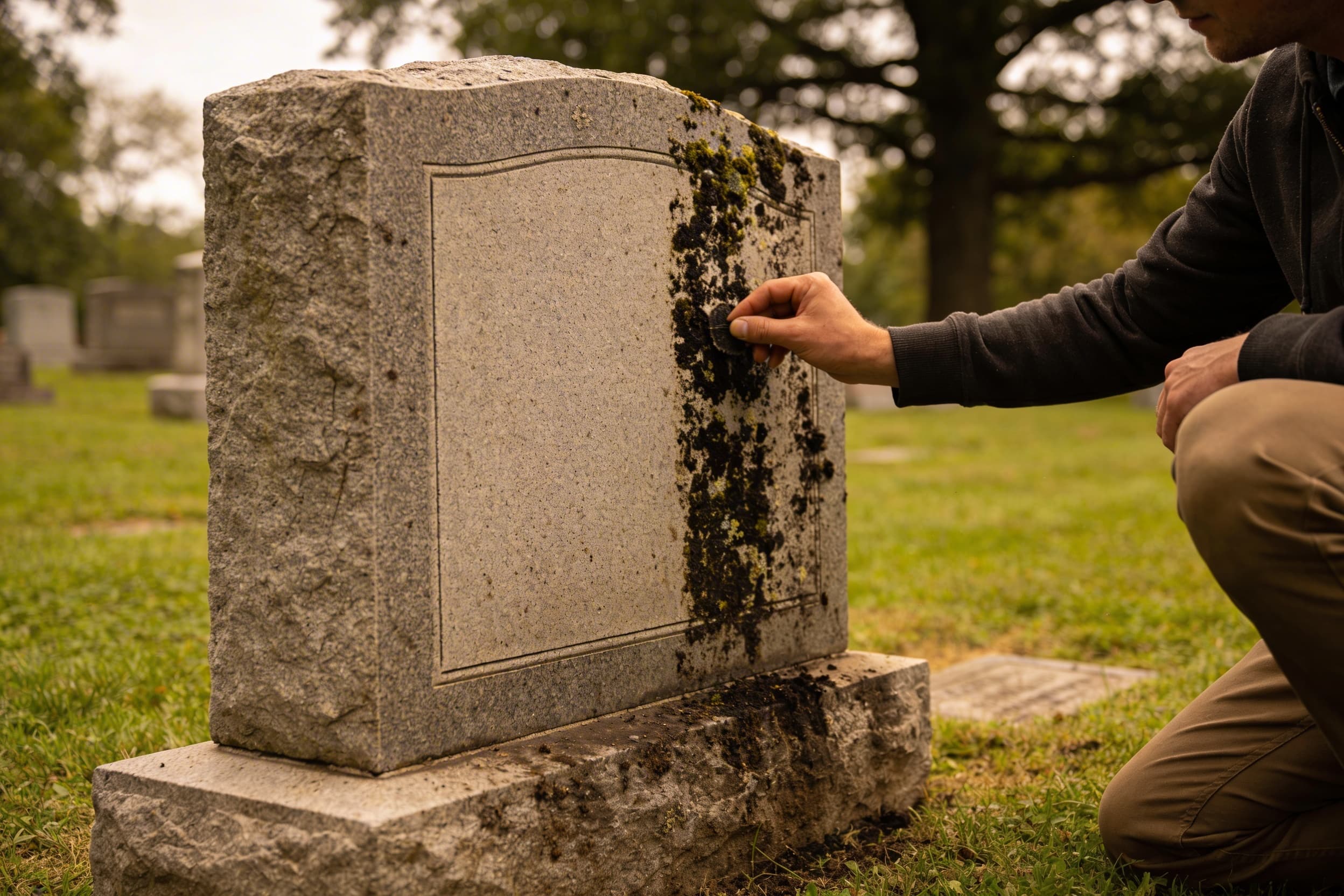 A person kneeling beside a cemetery headstone examining it for cracks before cleaning
