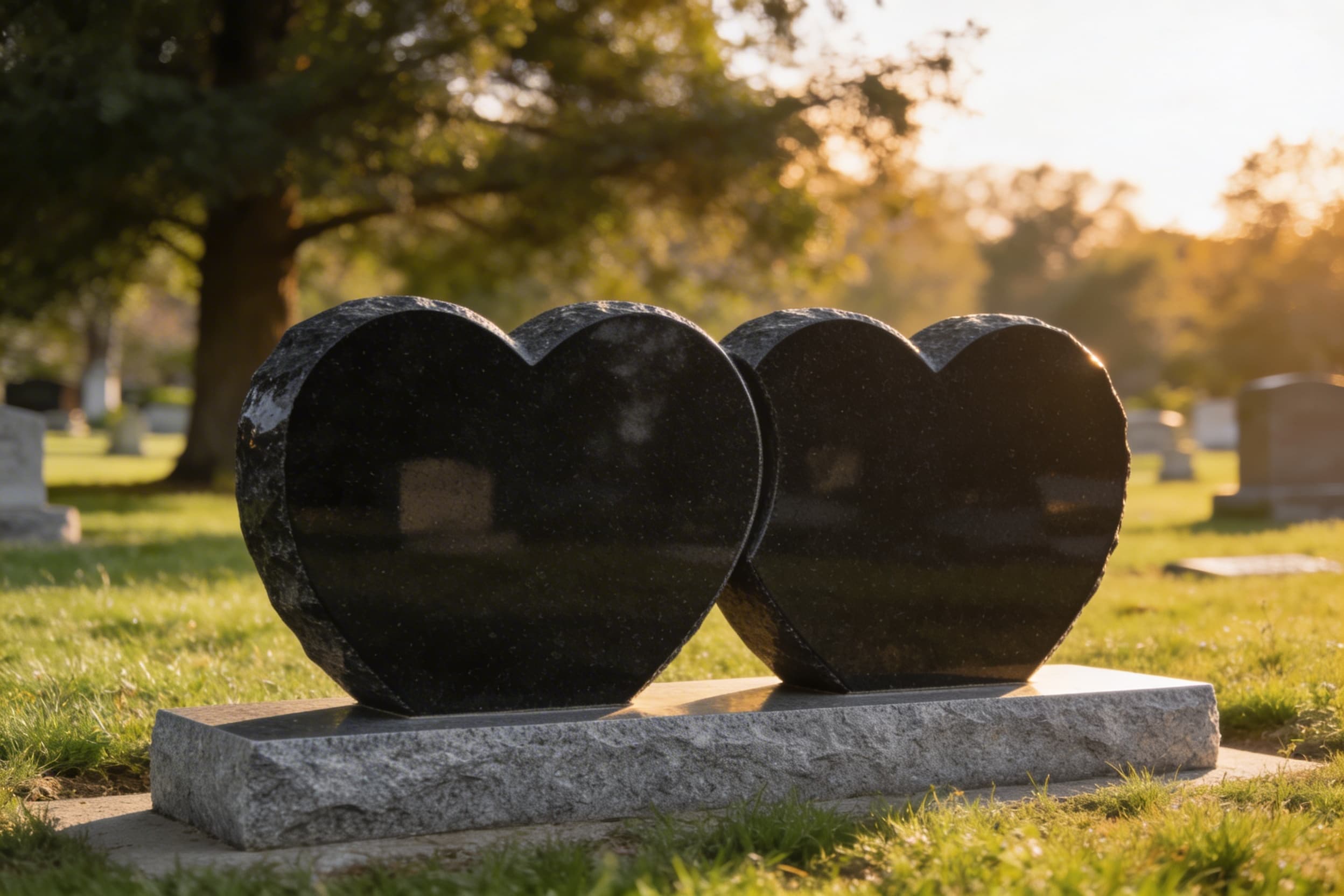 A polished black granite heart-shaped companion headstone for a married couple, set on a gray granite base in a well-maintained cemetery with green grass and mature trees