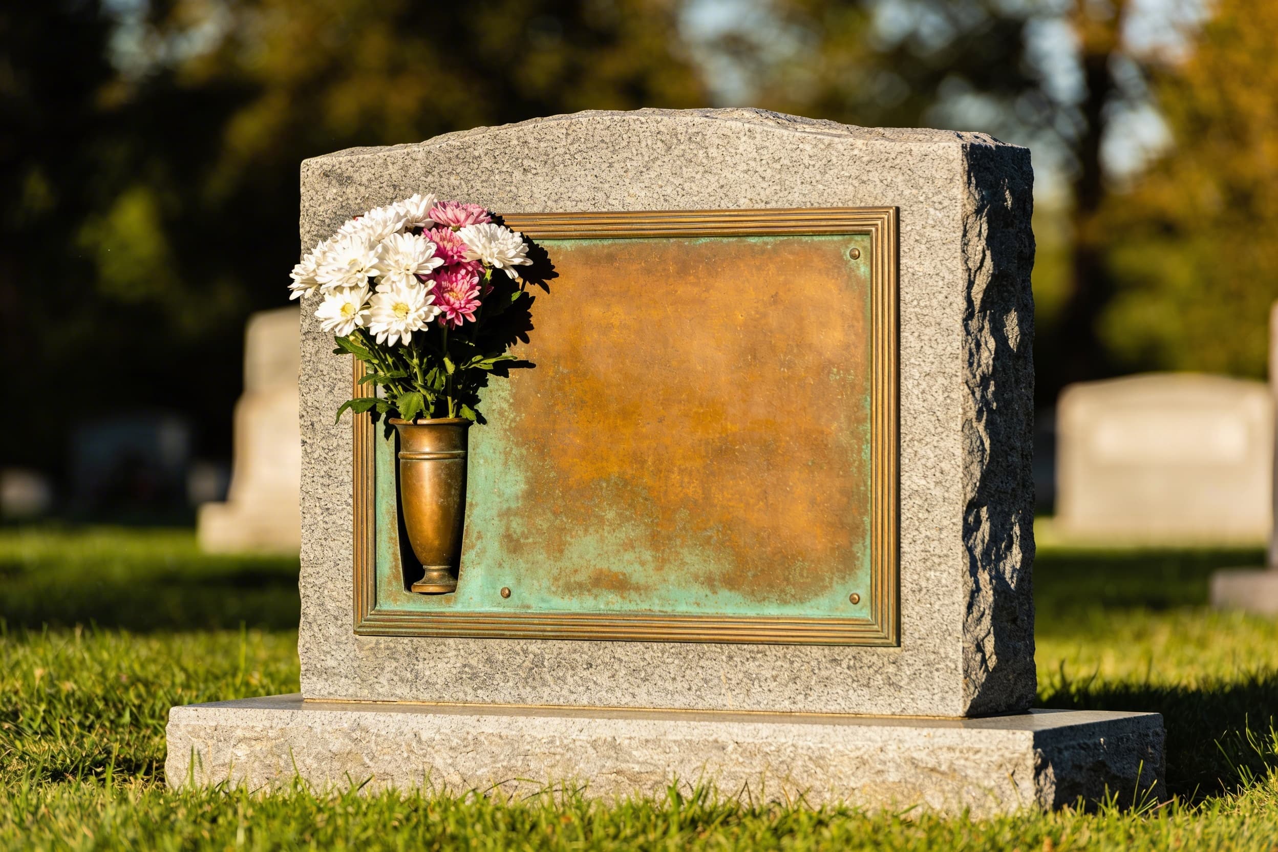 A bronze headstone with a warm green-brown patina mounted on a gray granite base, with a fresh floral arrangement in a built-in bronze vase, in a sunlit cemetery setting