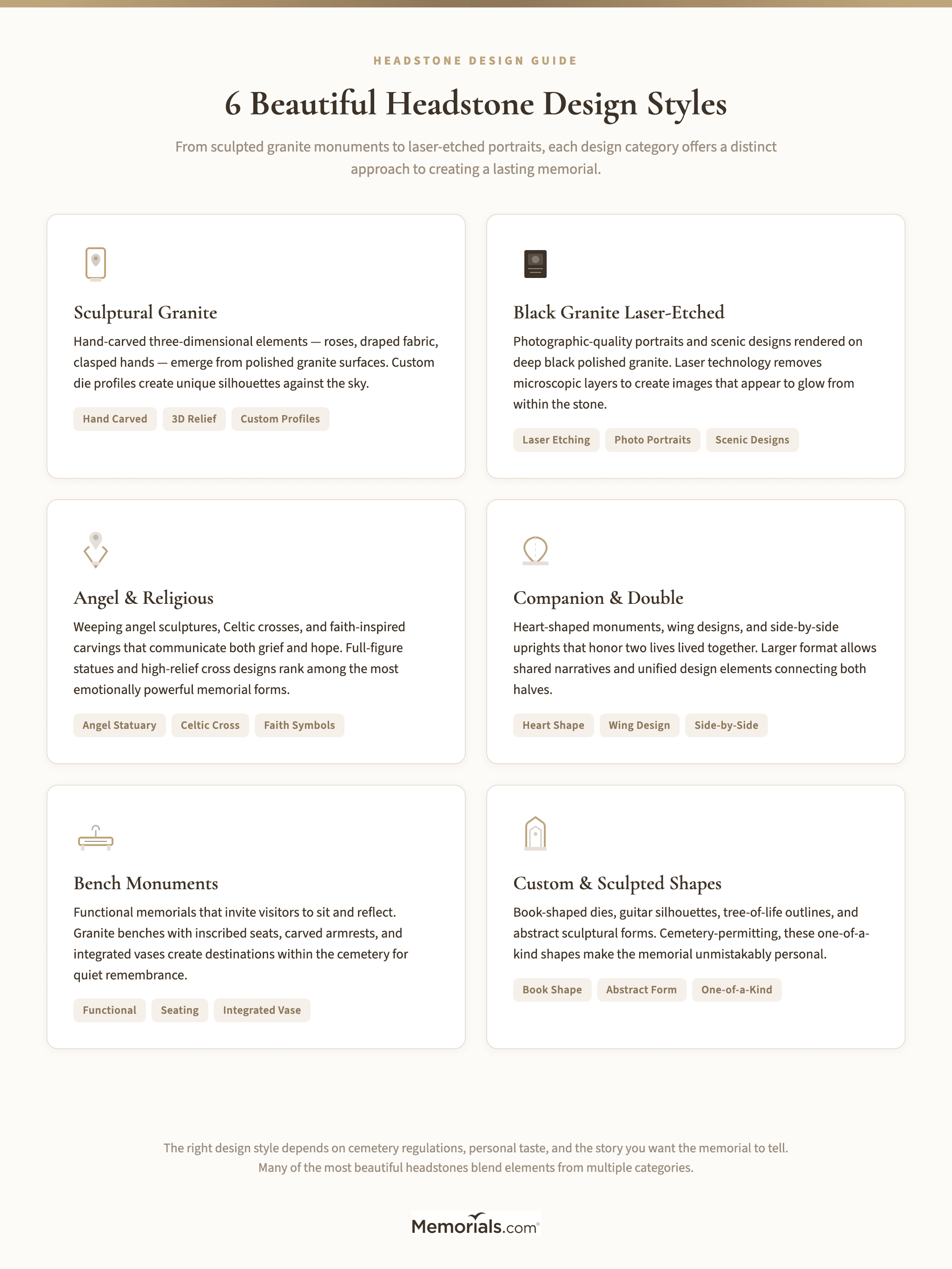 Visual overview of six beautiful headstone design categories: sculptural granite, black granite laser-etched, angel and religious, companion, bench monuments, and custom-shaped memorials, with key features of each
