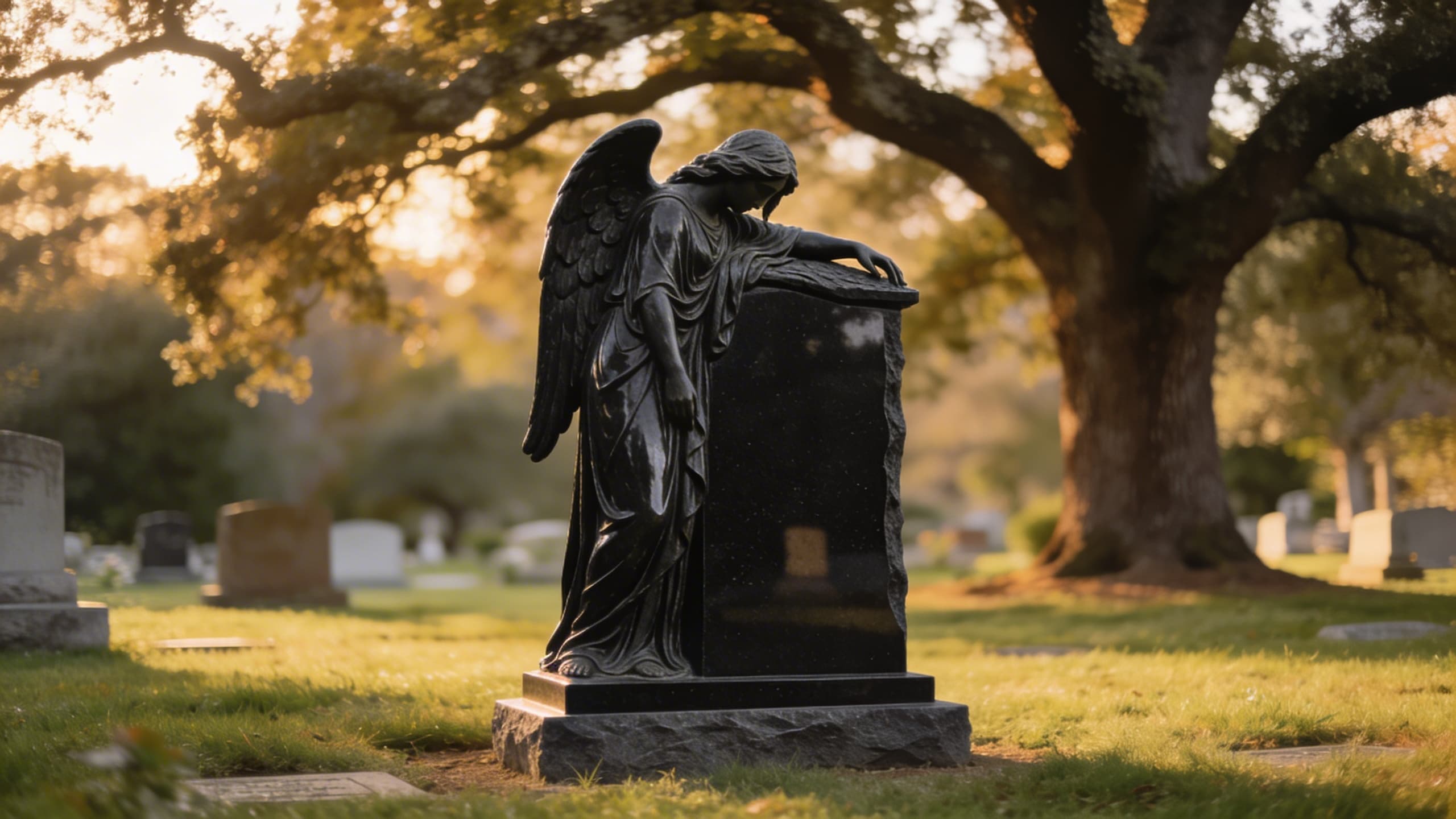 A weeping angel headstone carved from black granite standing in a peaceful cemetery with soft morning light