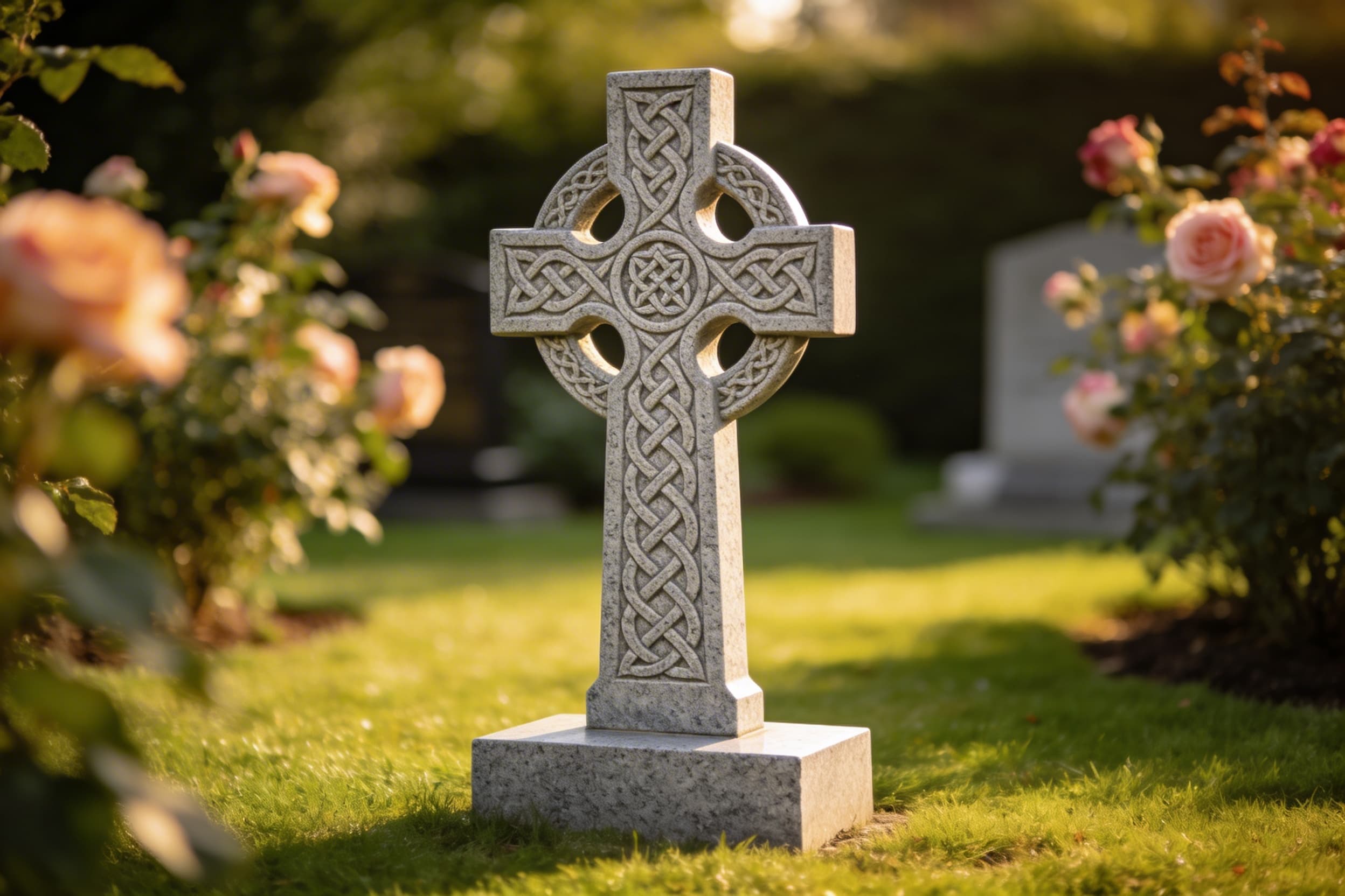 A Celtic cross headstone carved in gray granite with detailed knotwork, set in a well-maintained cemetery garden