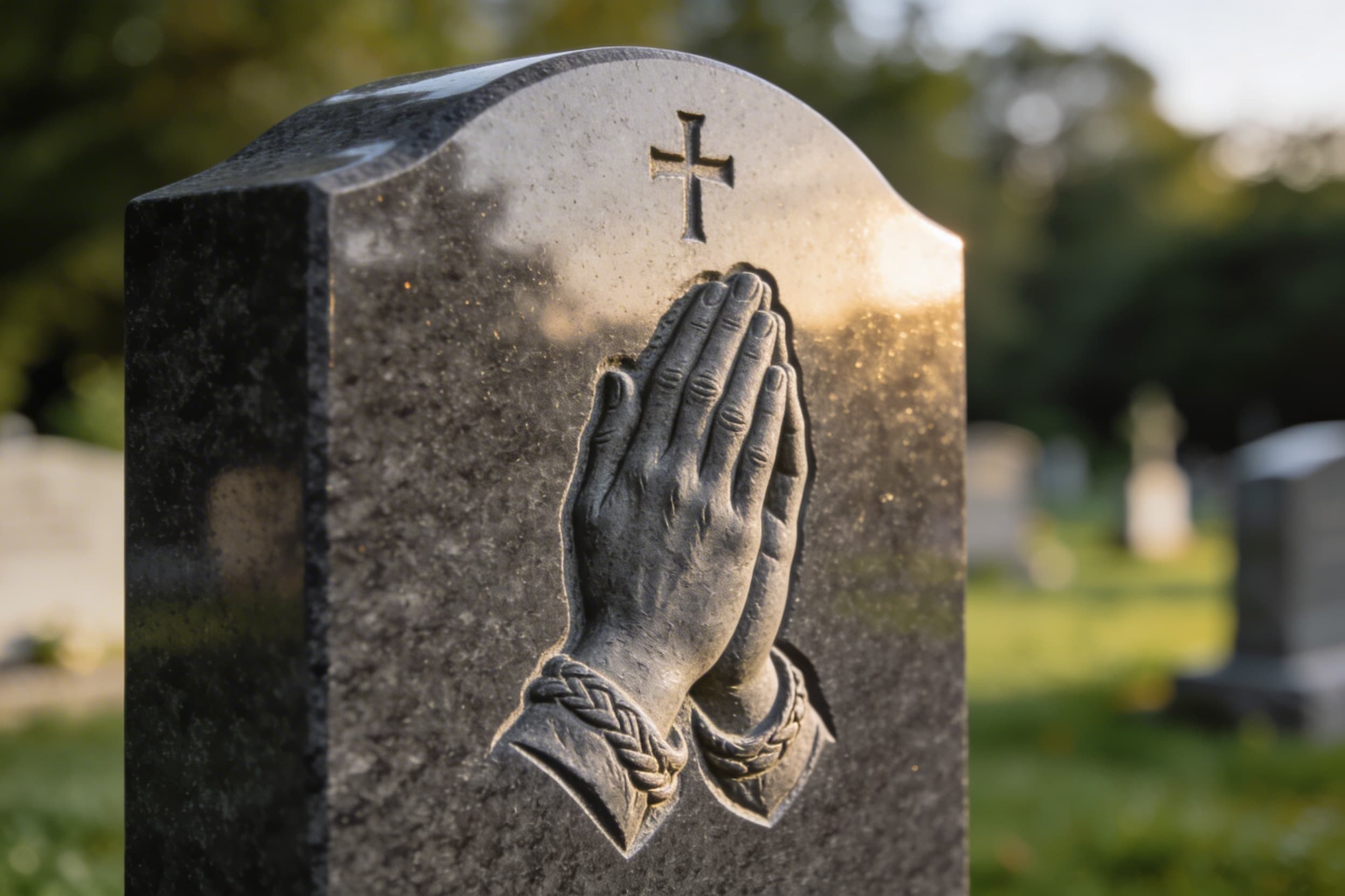 Close-up of praying hands deeply engraved on a polished upright granite headstone with soft natural lighting