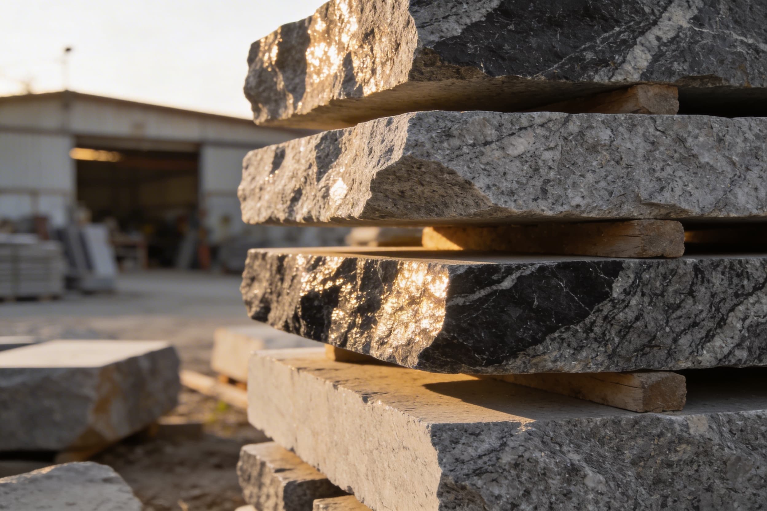 Stacked raw granite slabs at an outdoor stone yard with afternoon sunlight highlighting the mineral grain