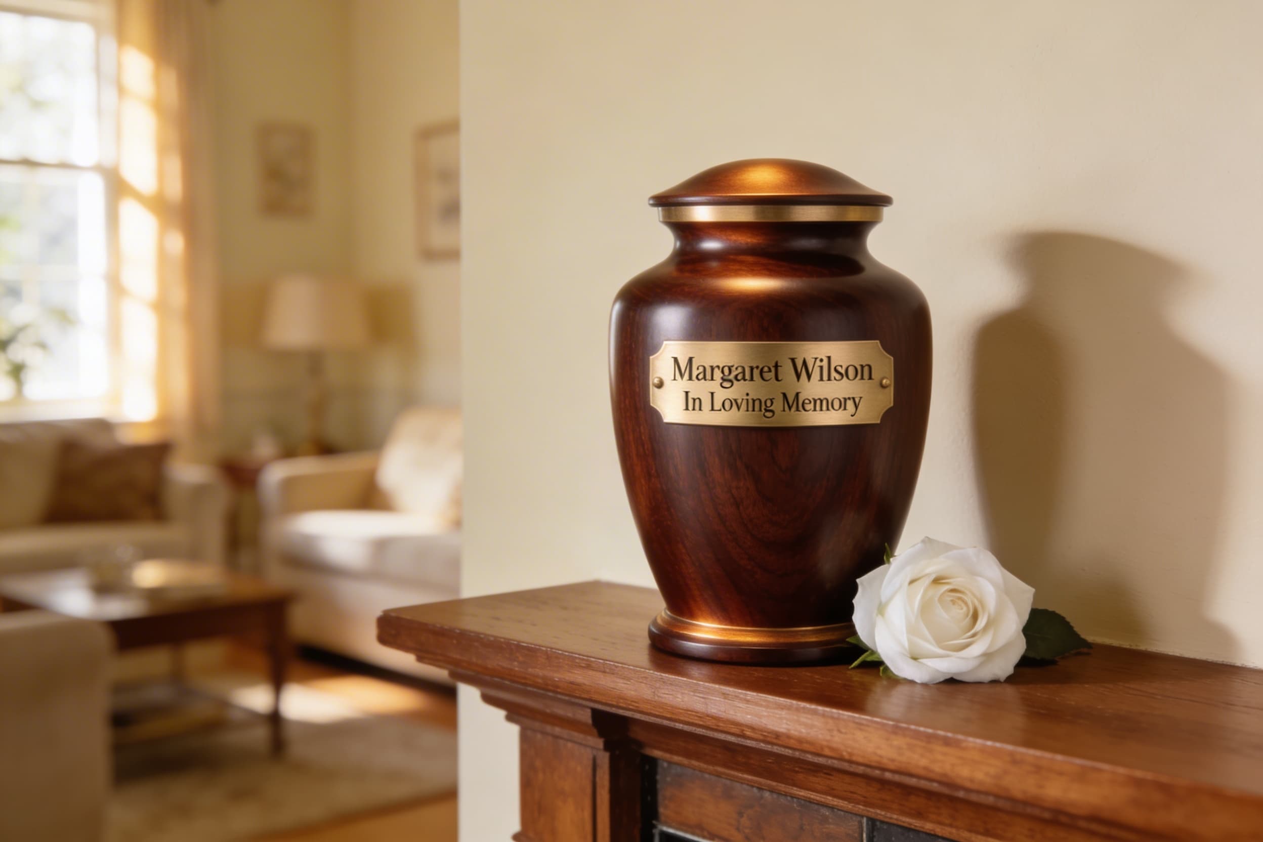 A dark walnut cremation urn with a brass plate reading Margaret Wilson, In Loving Memory displayed on a mantelpiece with a white rose