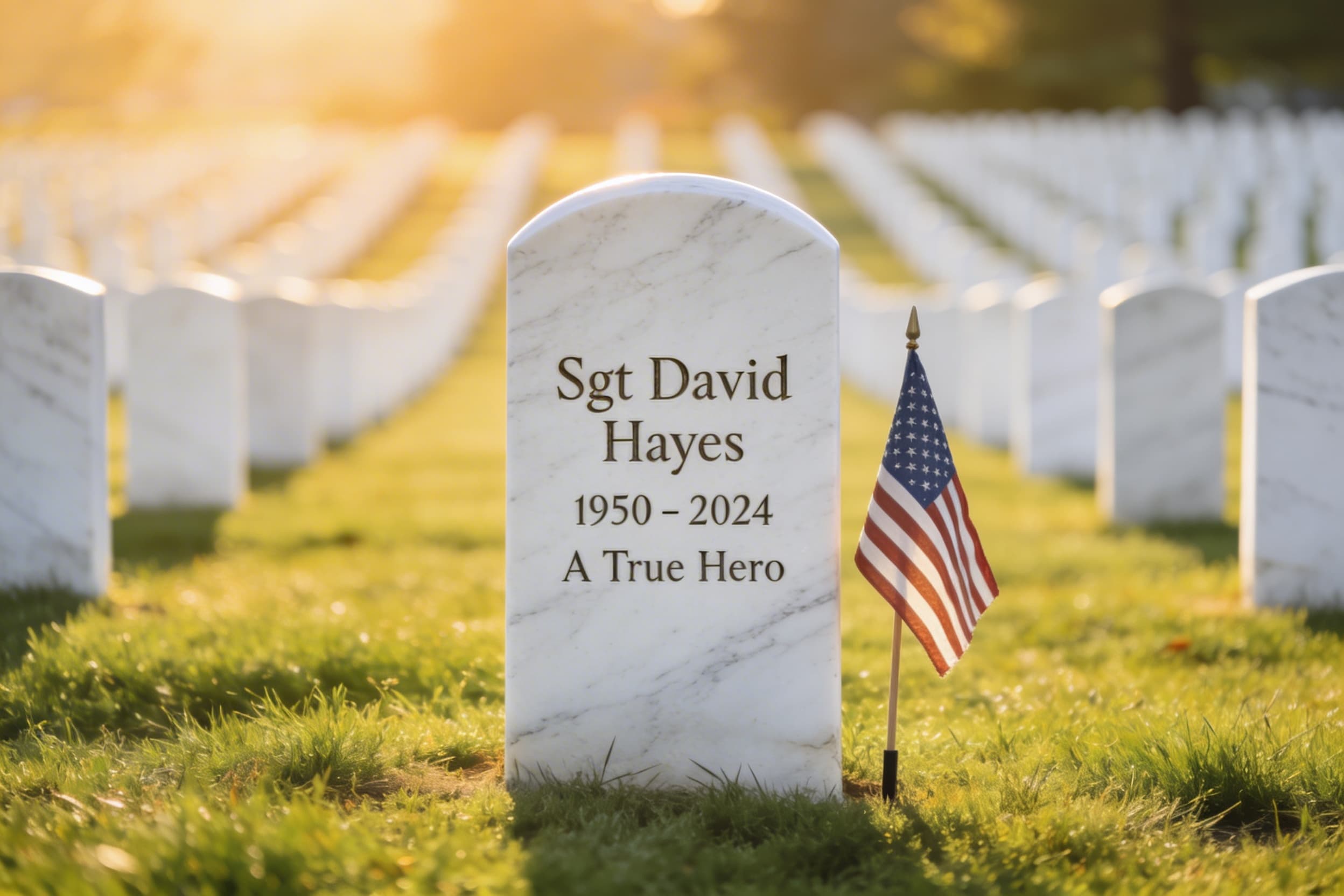 A white marble military headstone engraved with Sgt David Hayes, 1950โ2024, A True Hero, with an American flag at a national cemetery