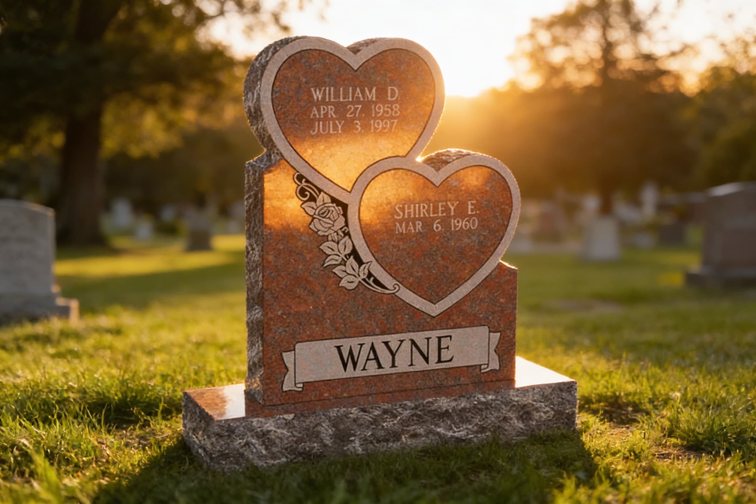 A granite companion headstone with dual inscriptions showing names and dates, photographed at golden hour in a cemetery