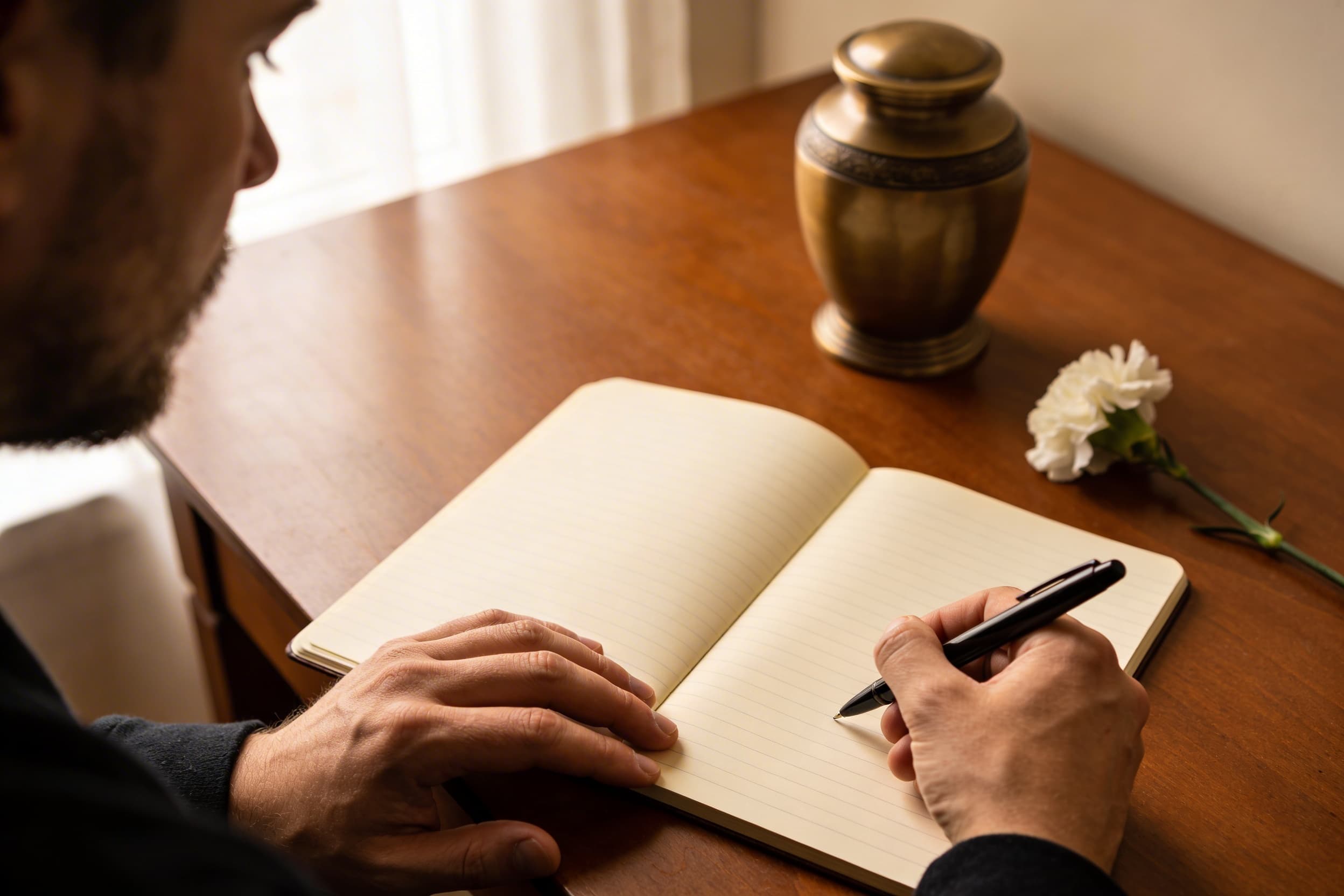A man writing memorial inscription ideas on a notepad at a wooden desk with a small cremation urn and framed photo nearby
